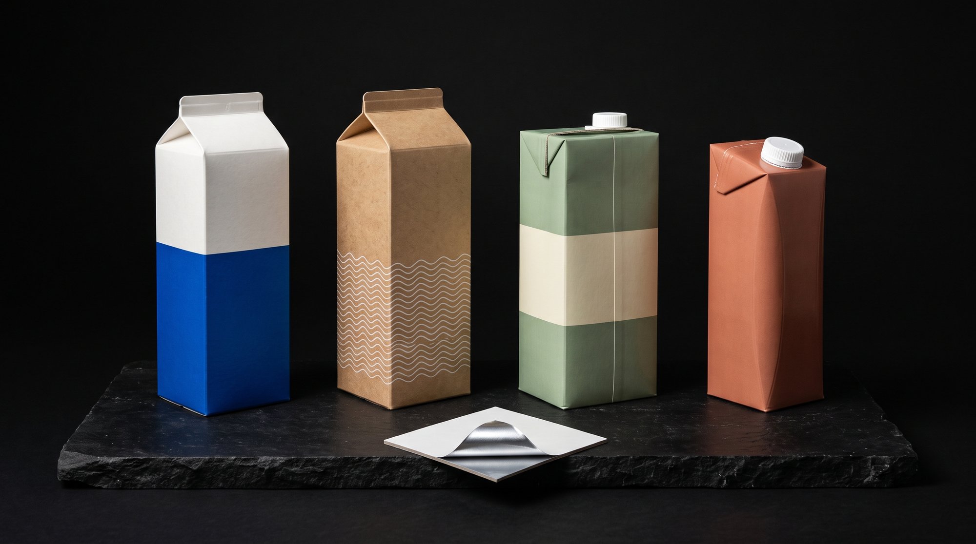 Four drink cartons: white gable-top, kraft gable-top, sage aseptic brick and terracotta slanted top, with a cut piece of laminate.