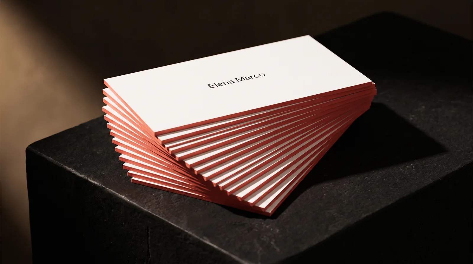 Fanned stack of 32pt white business cards with a coral painted edge on a black stone plinth
