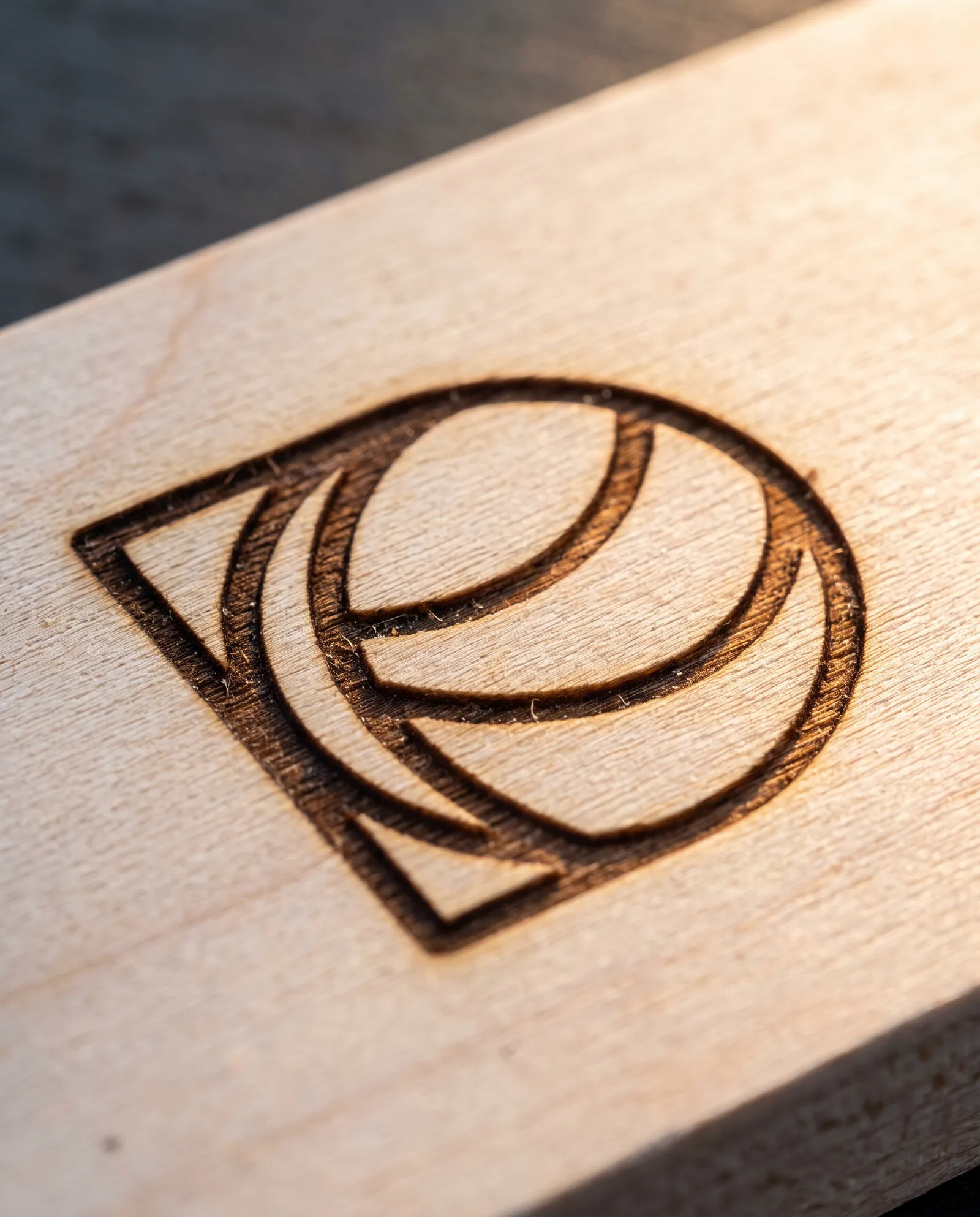 Macro of a laser-engraved logo on a birch business card, showing the dark brown burn sitting inside the pale grain.