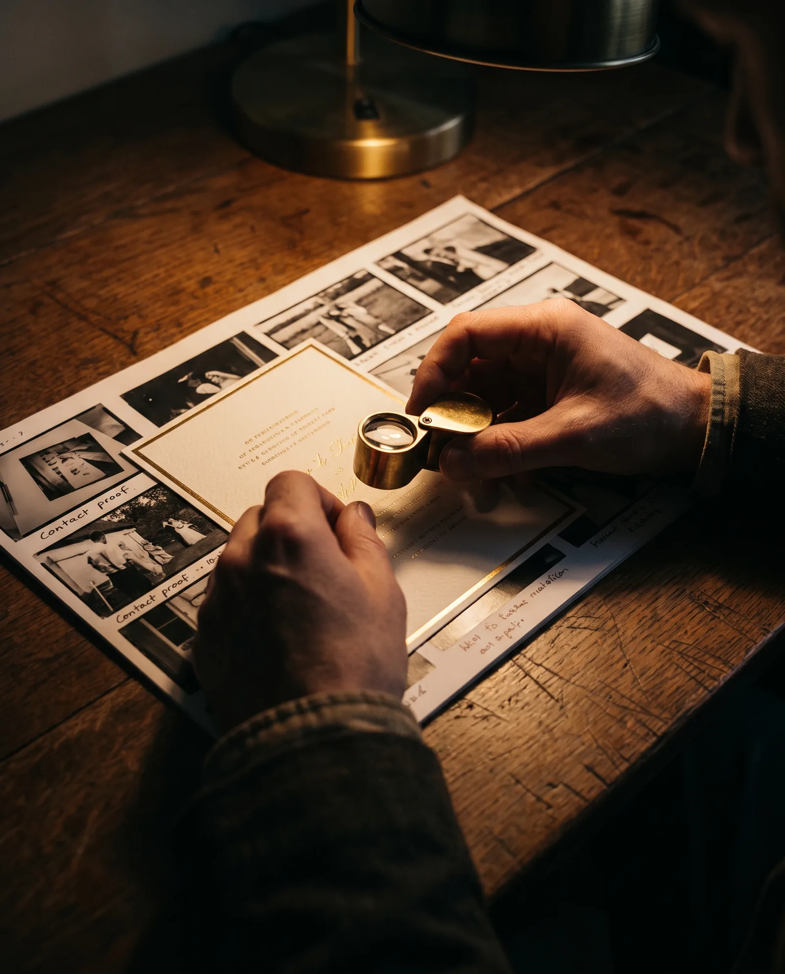 Hands holding a loupe over a printed wedding invitation laid on a proof sheet.