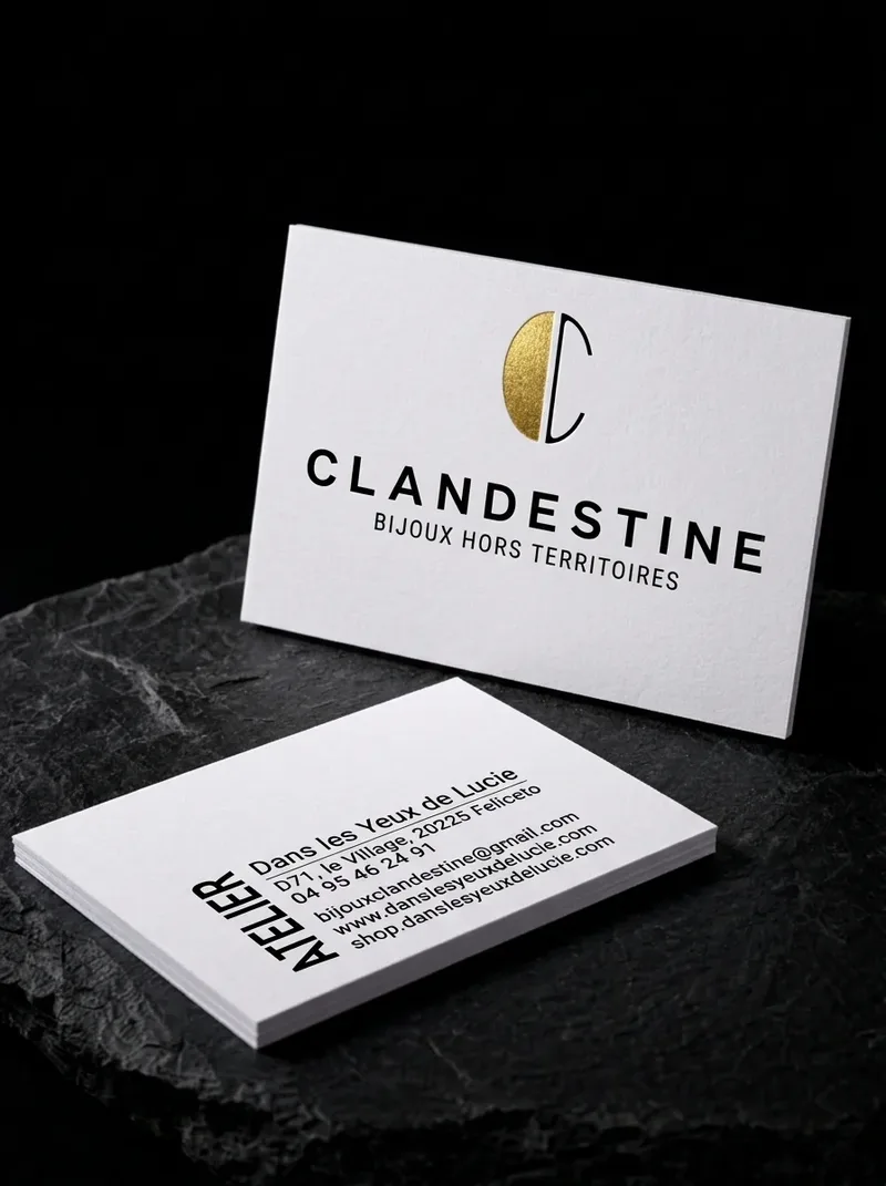 Jewellery brand business card with a letter C half in gold foil and half in black ink