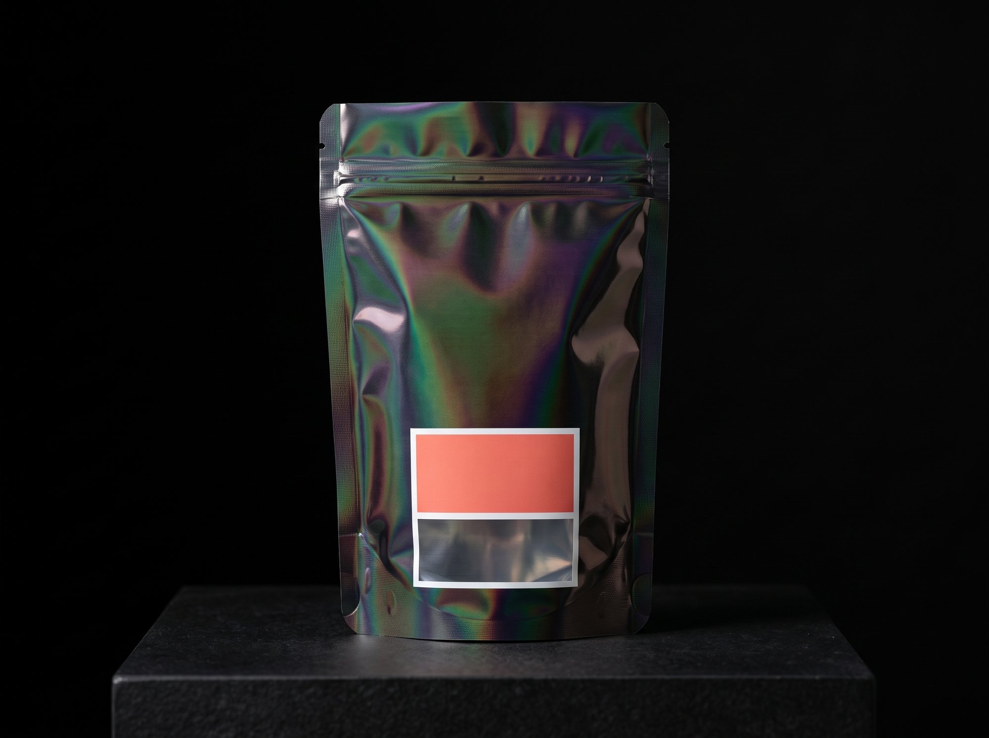 An iridescent oil-slick film pouch with an opaque coral print block and a small clear window.