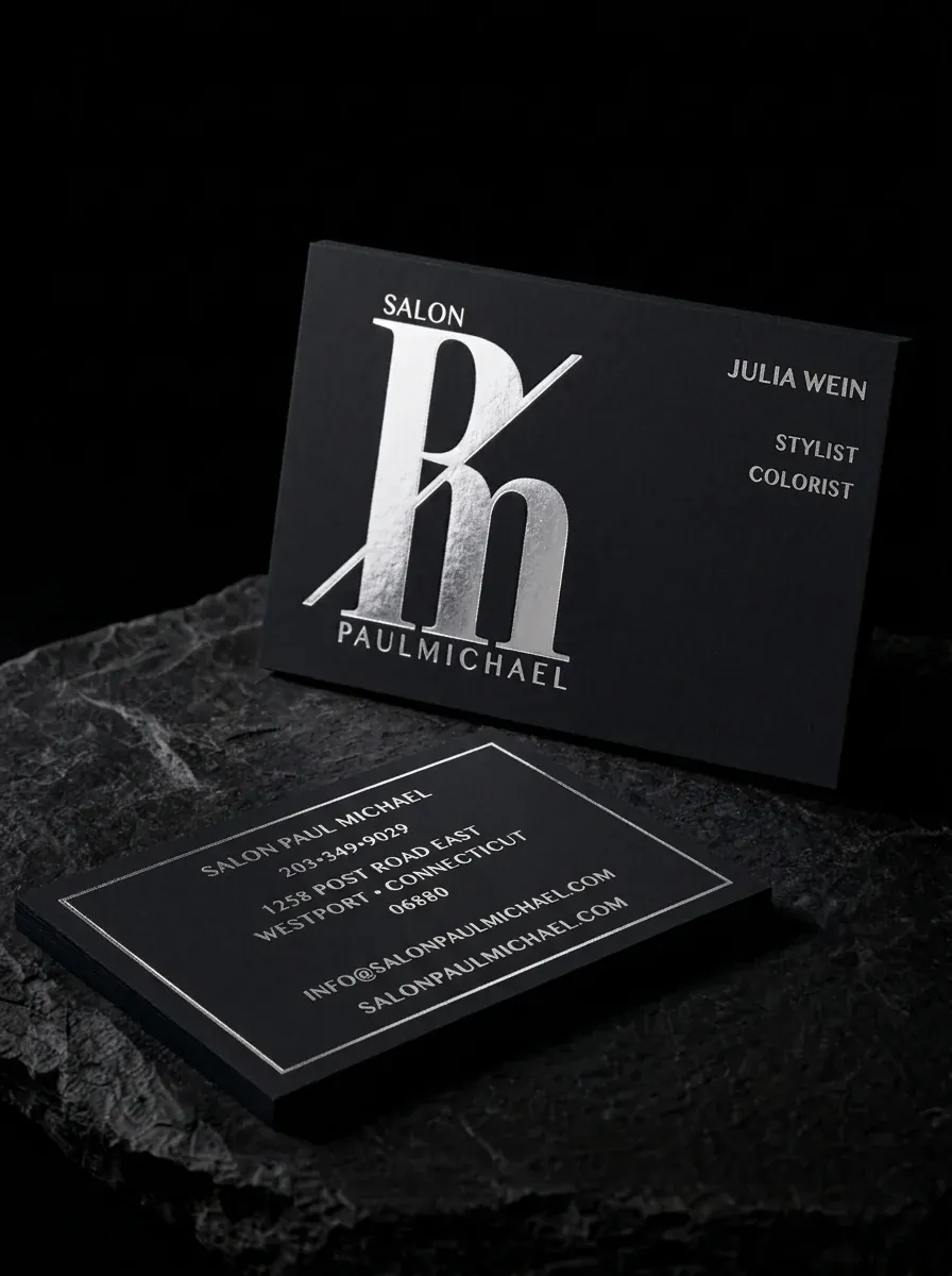 Salon Paul Michael stylist cards: one silver foil on black stock