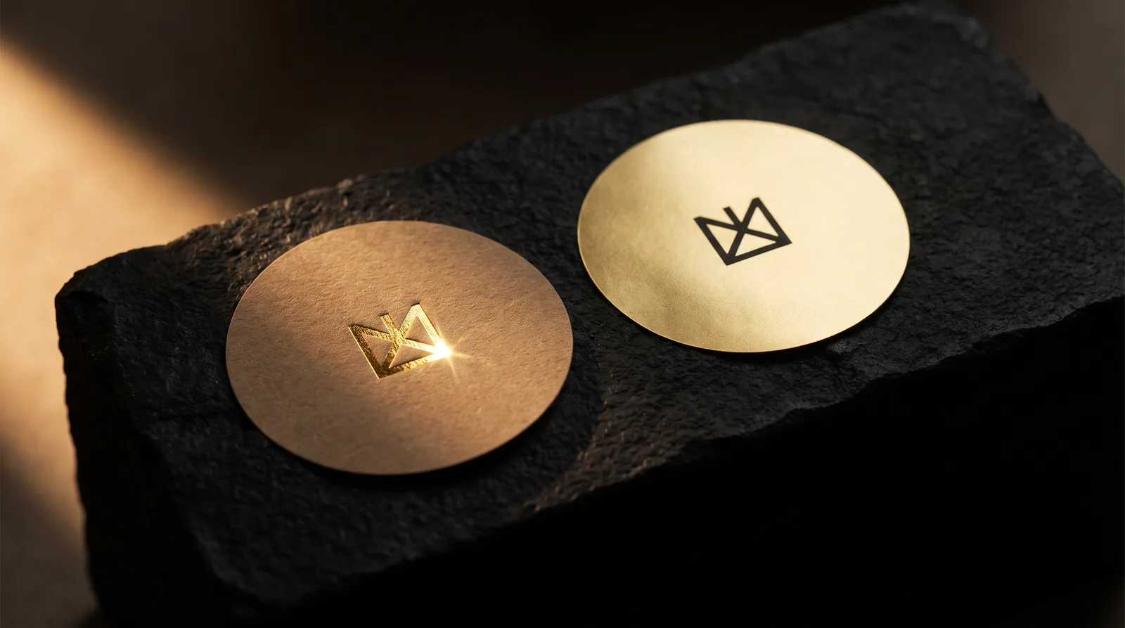 Two gold round stickers side by side under raking light: on the left, hot foil stamped into kraft paper with a sharp reflective edge; on the right, a sticker printed on metallic stock with an even satin sheen.