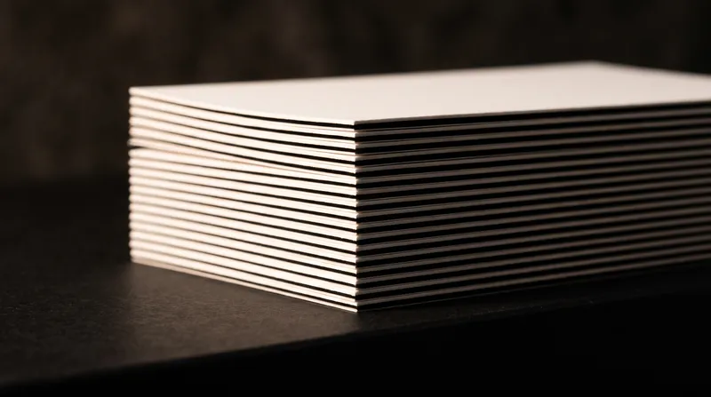 Edge-on stack of skinny 32pt triplex business cards, a fine black core line running through every card