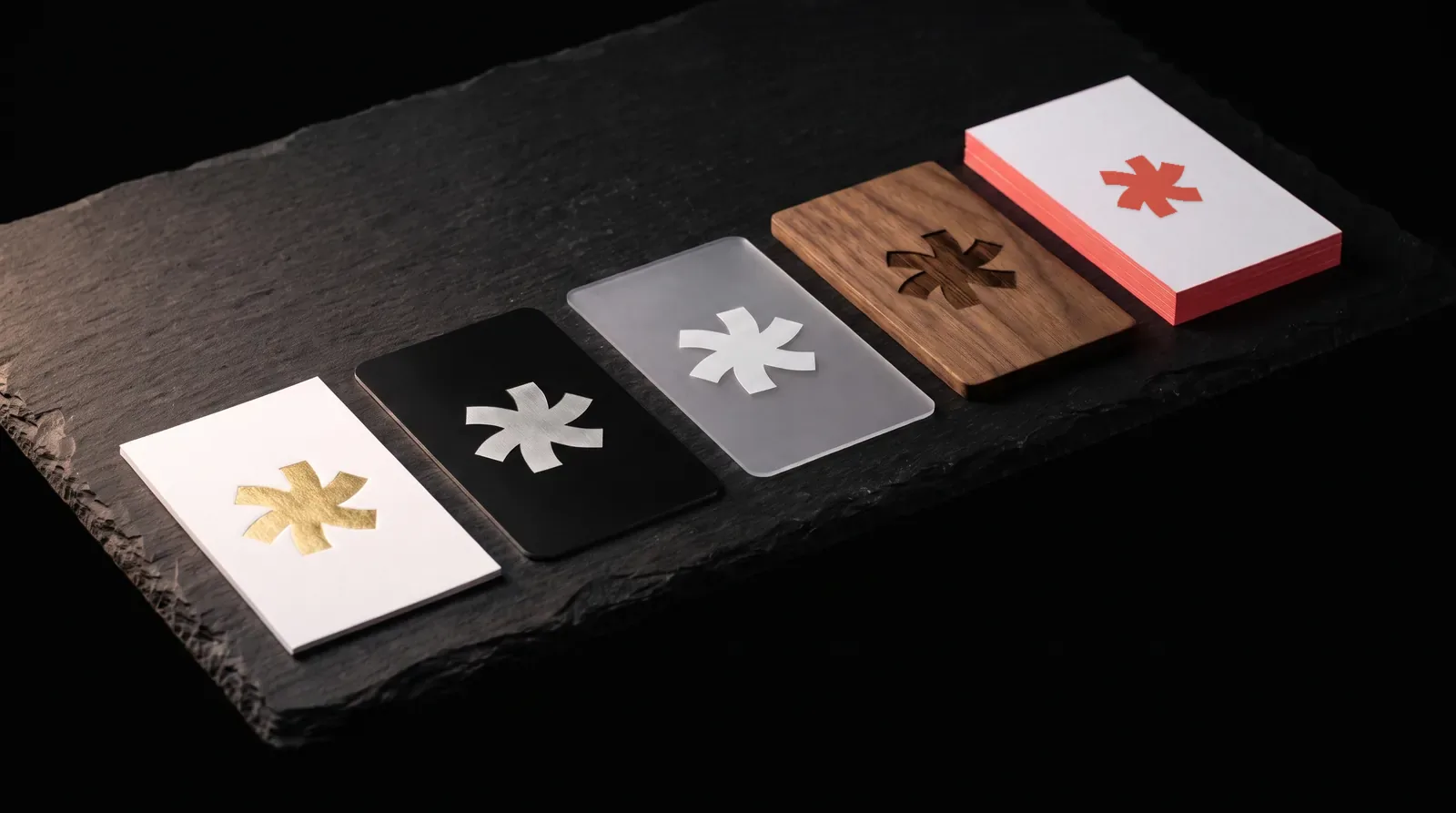 Five Print Peppermint business cards on a black slate plinth: gold hot foil on white cotton, black steel engraved to bright steel, frosted plastic with a white mark, laser-engraved walnut, and a stack with coral painted edges