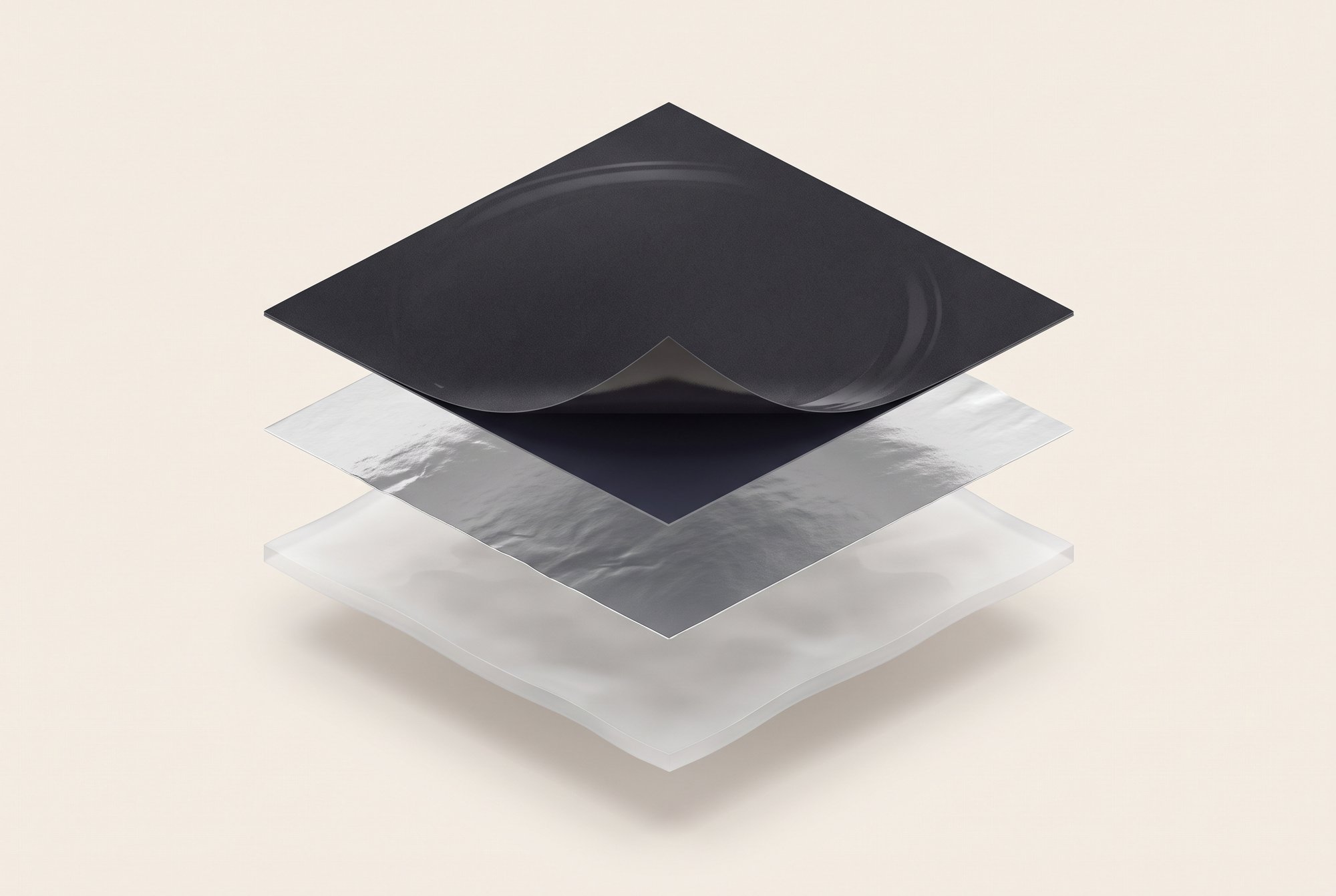 Exploded view of a matte black pouch laminate: matte film, metallised PET and polyethylene sealant.