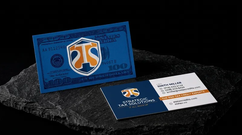 Business card printed as a blue banknote-style design for an R&D tax credit firm