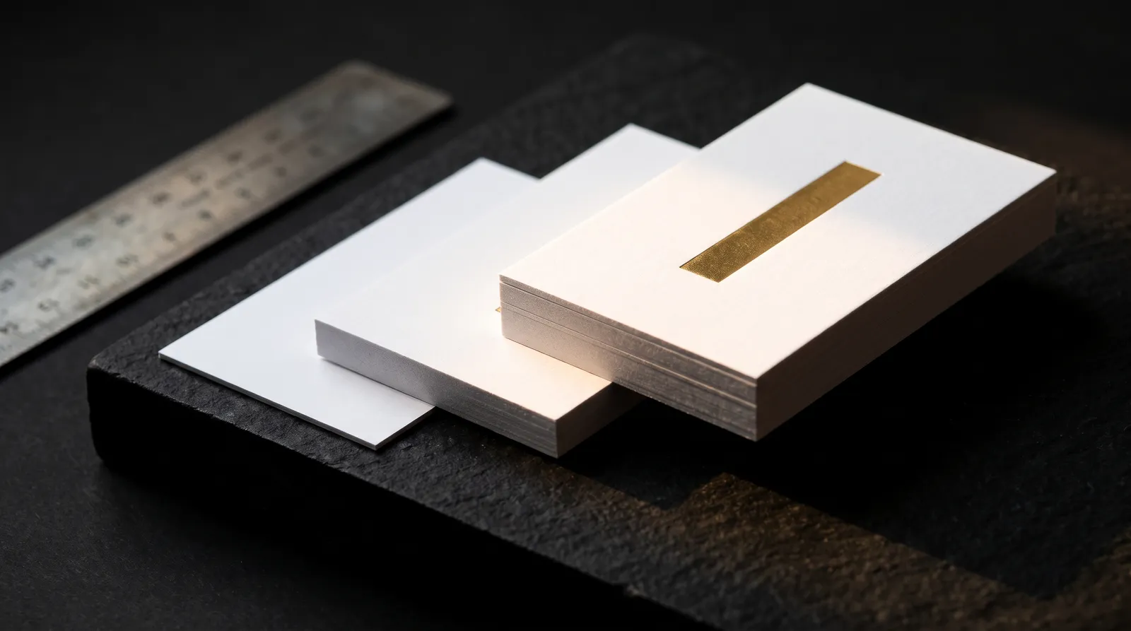 14pt, 32pt and 48pt white cotton business cards with gold foil, steel ruler, raking light