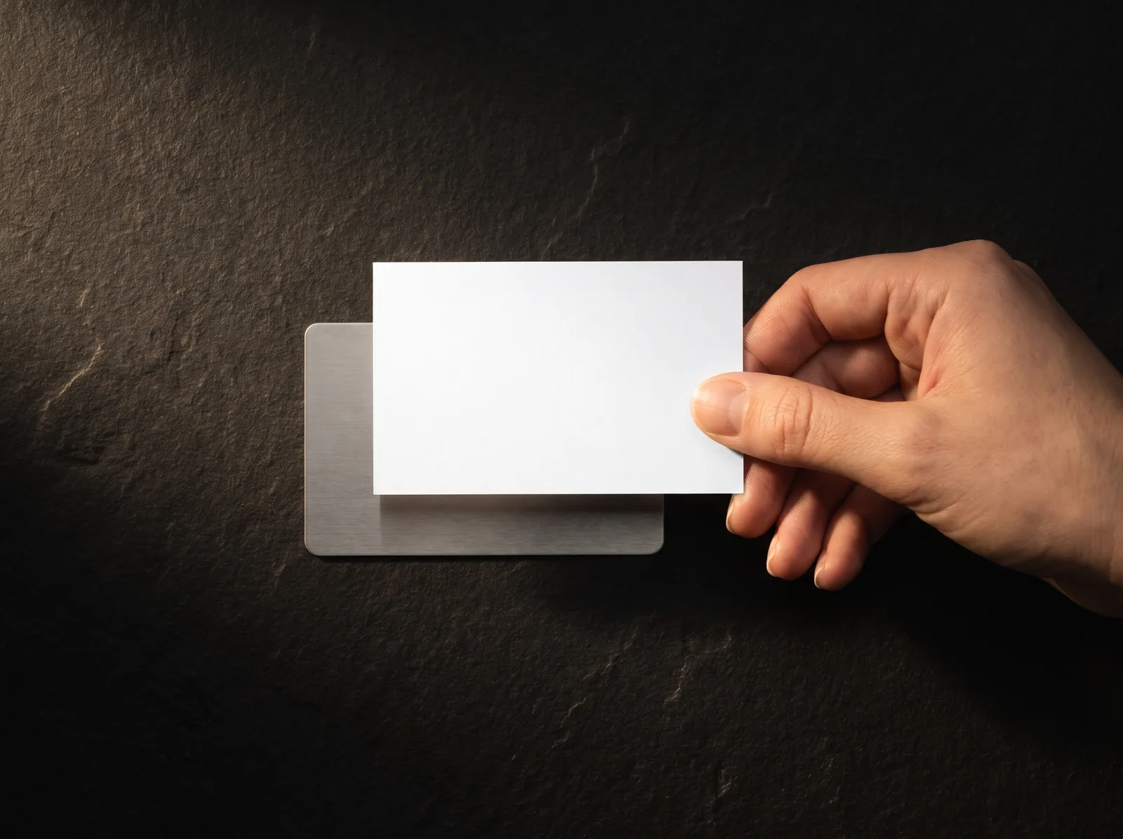 Hand holding blank white cotton business card above a plain brushed steel credit-card-sized card