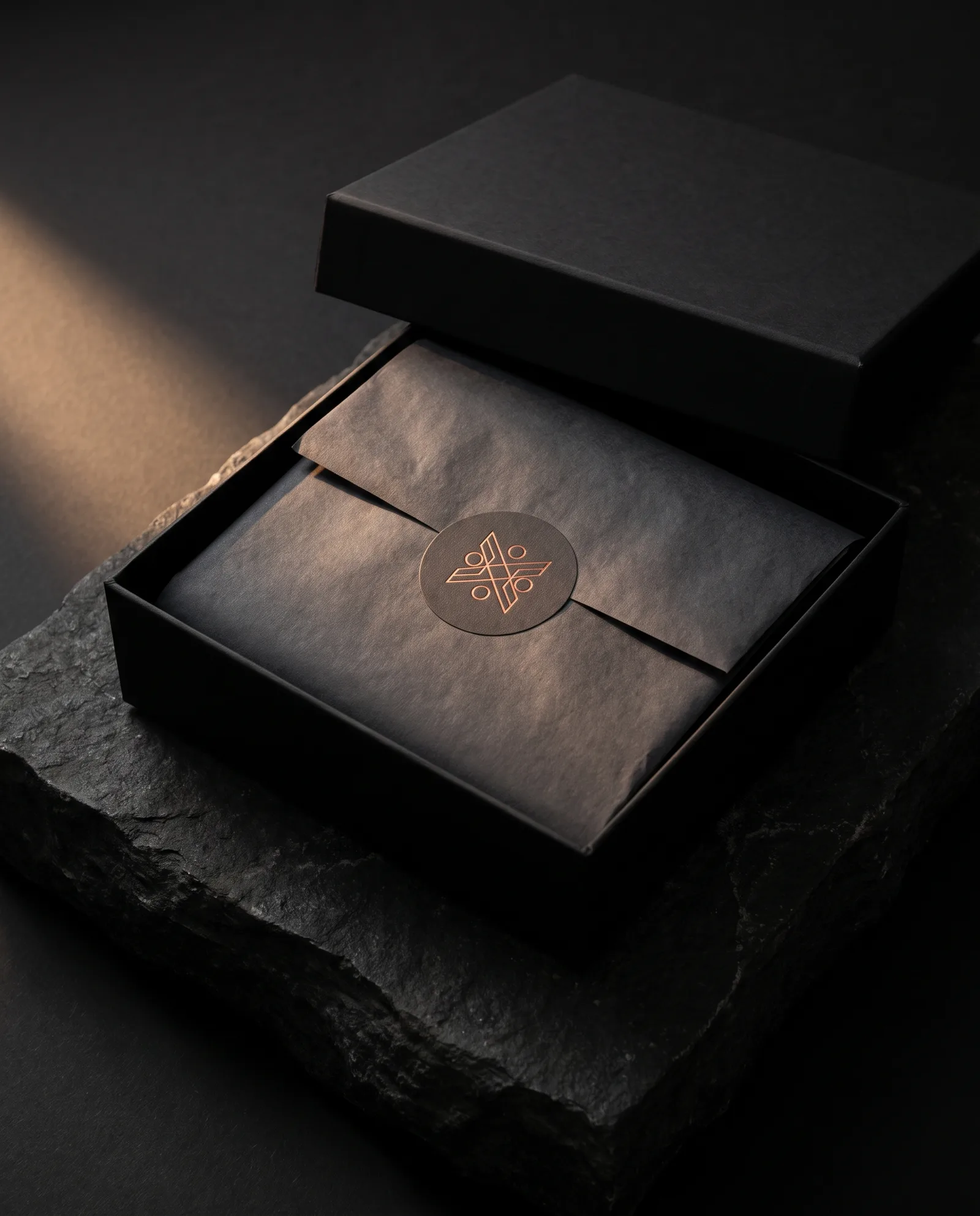 Open black box with charcoal tissue folded shut and closed with a round copper foil sticker, embossed so the mark catches the light.