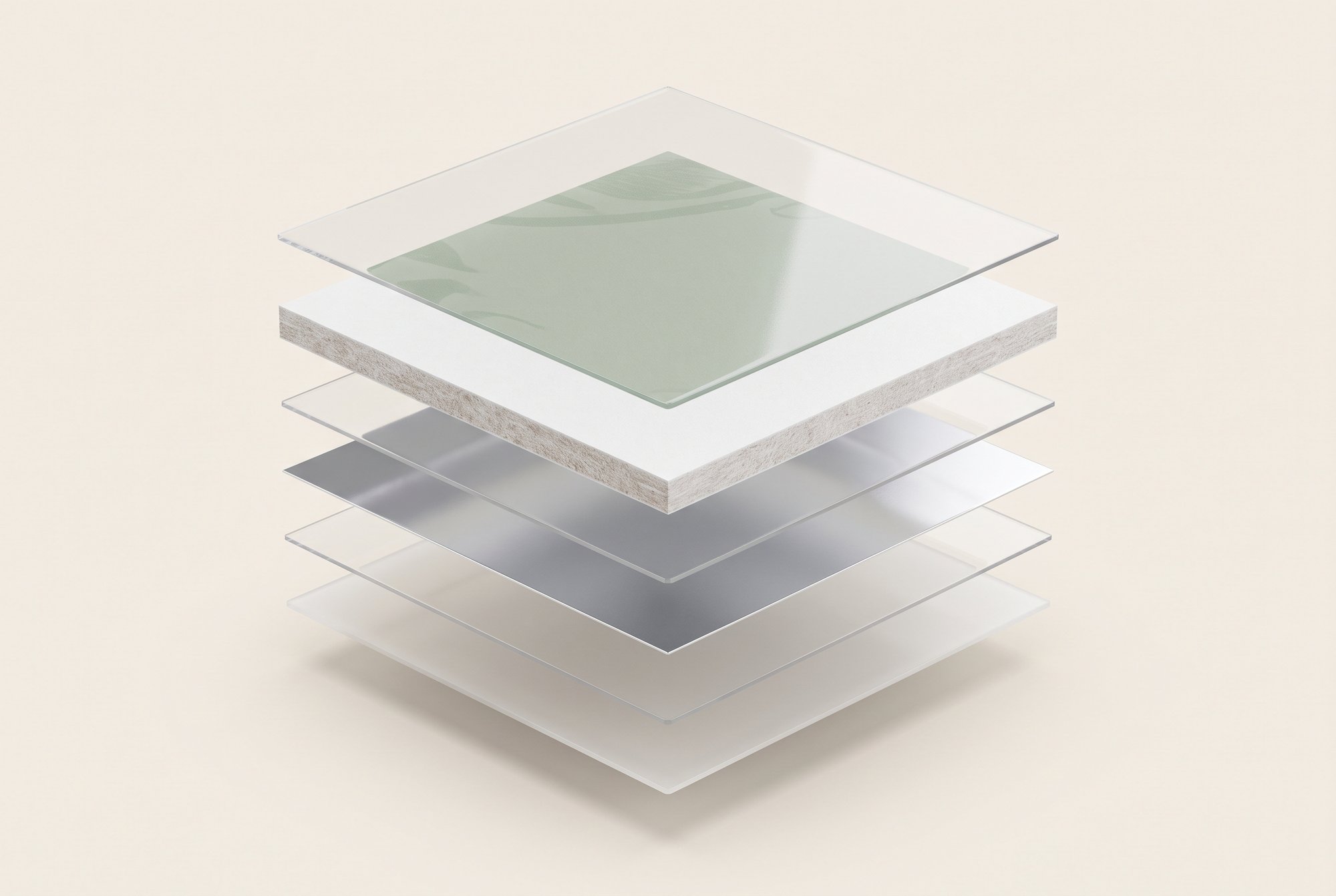 Exploded view of an aseptic carton laminate: polyethylene films, a thick paperboard layer and a thin aluminium foil.