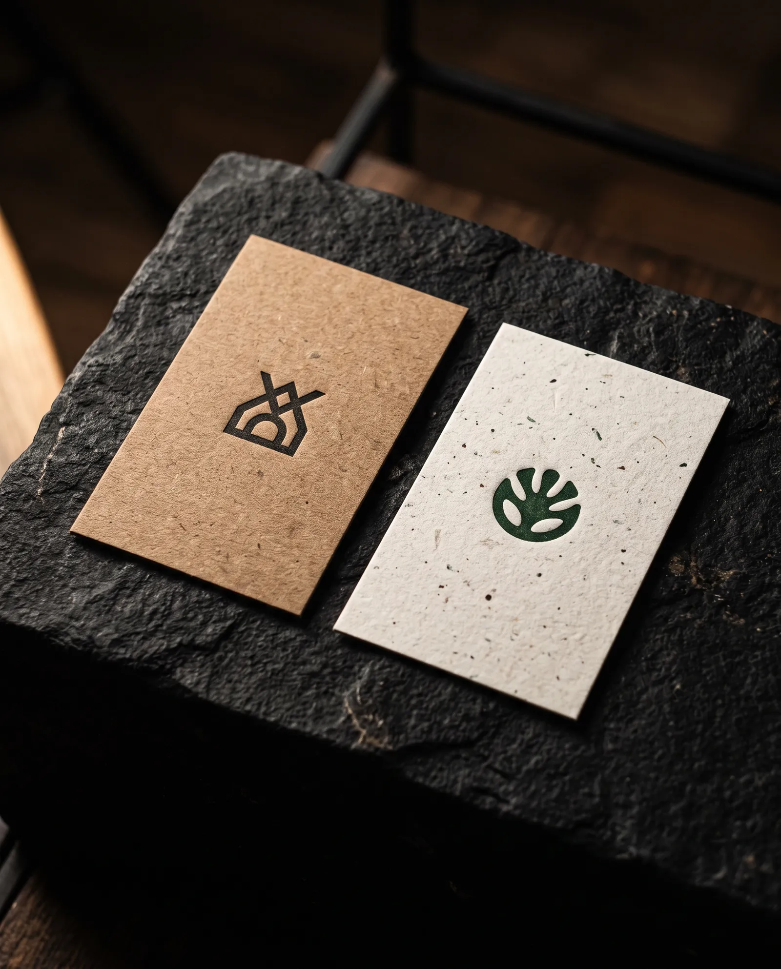Brown kraft and flecked recycled business cards with black and dark green printed marks