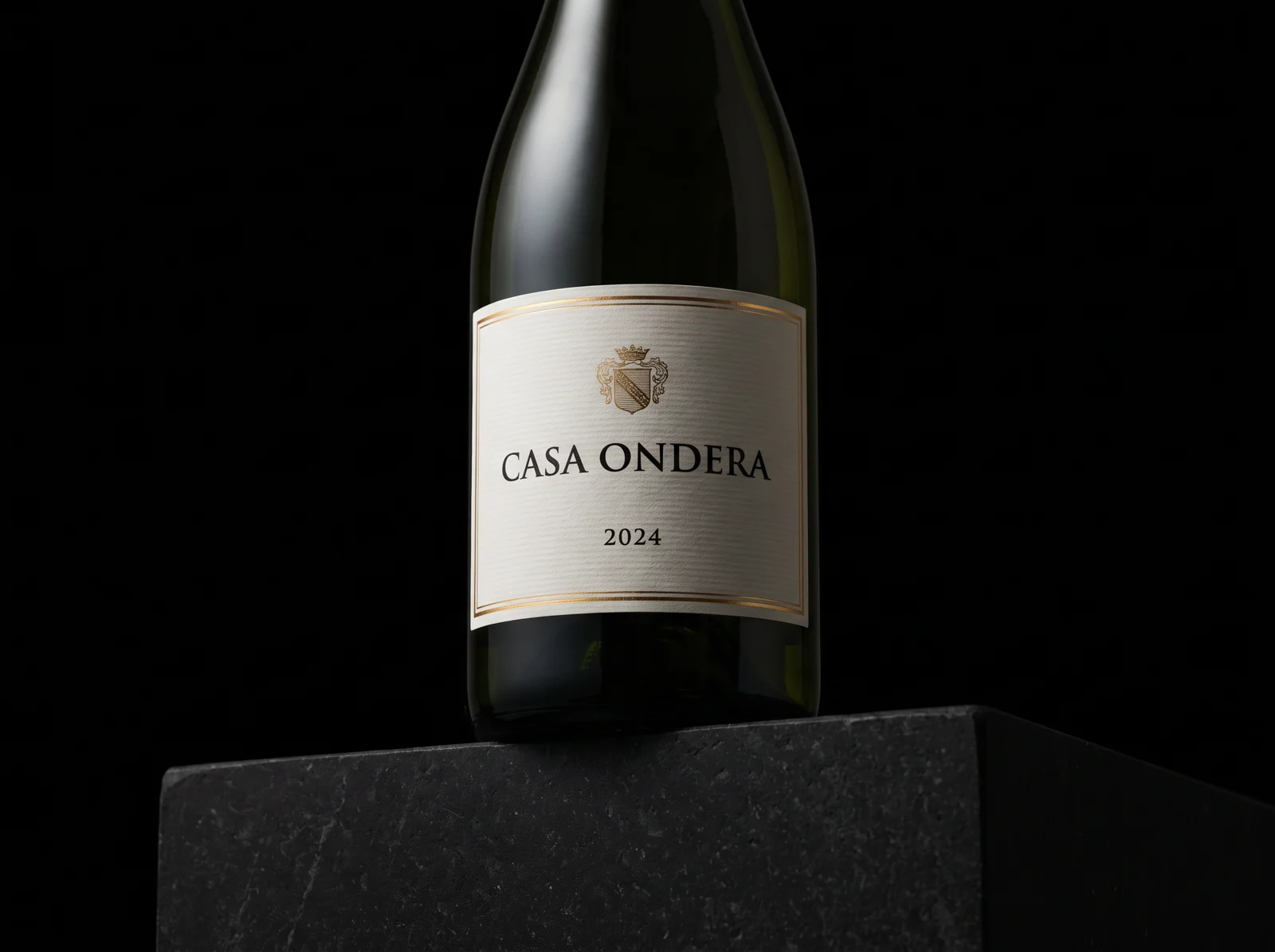 Wine bottle with an off-white laid paper label, black serif type and gold foil border and crest