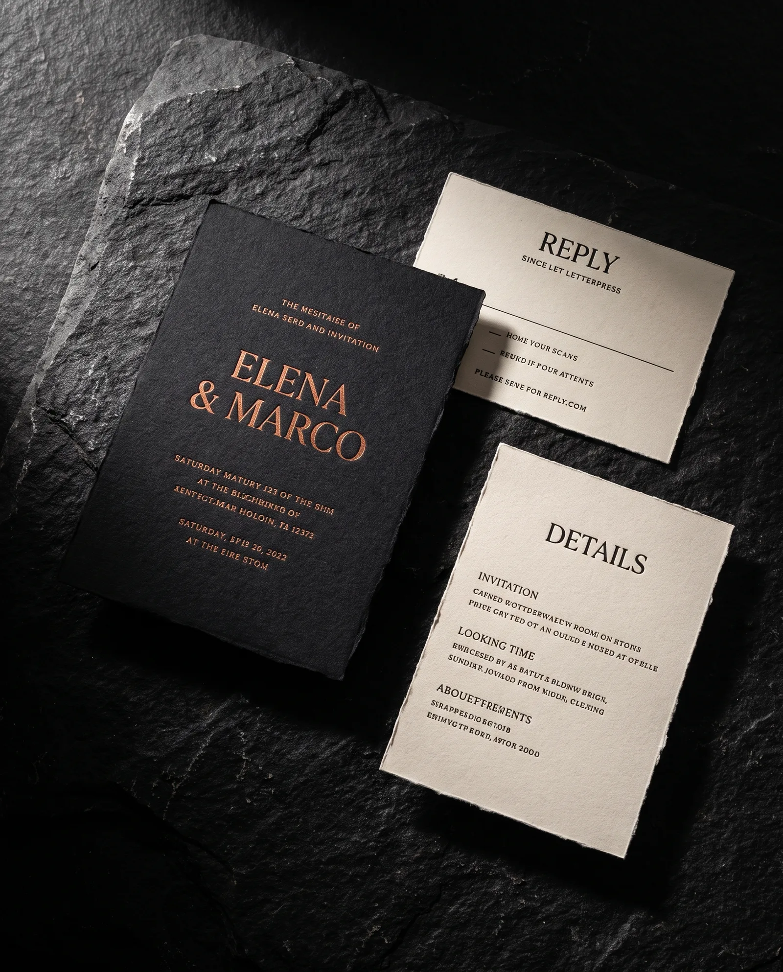 Classic wedding suite on dark slate: black cotton invitation with copper foil, ecru reply card and details card.