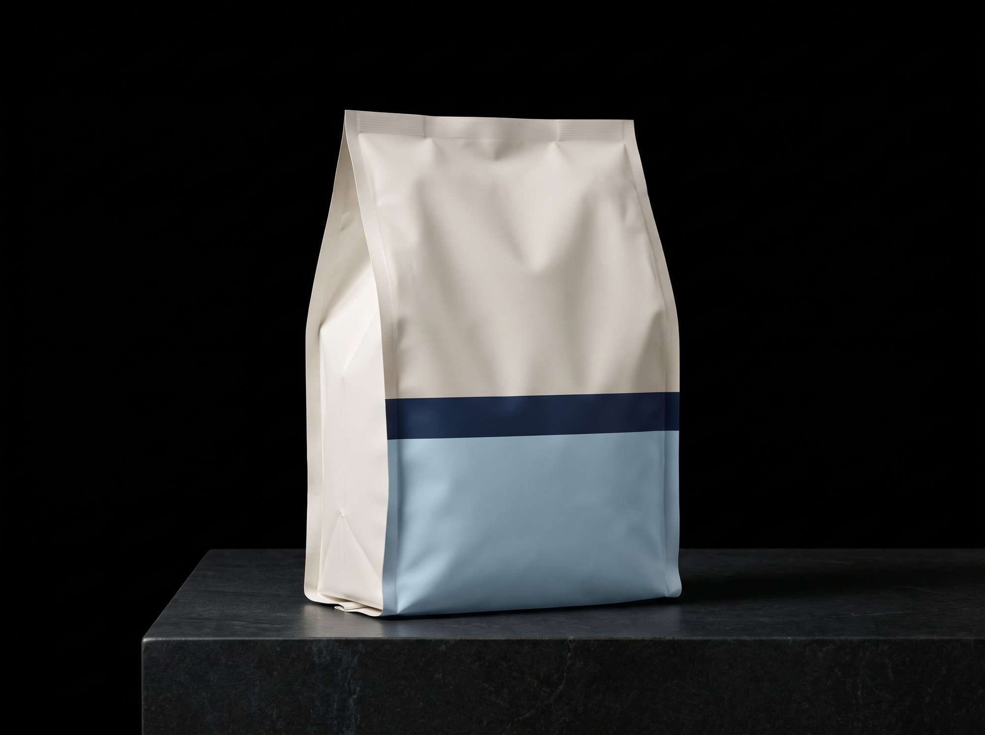 A satin off-white polyethylene pouch printed in pale blue with a navy stripe.