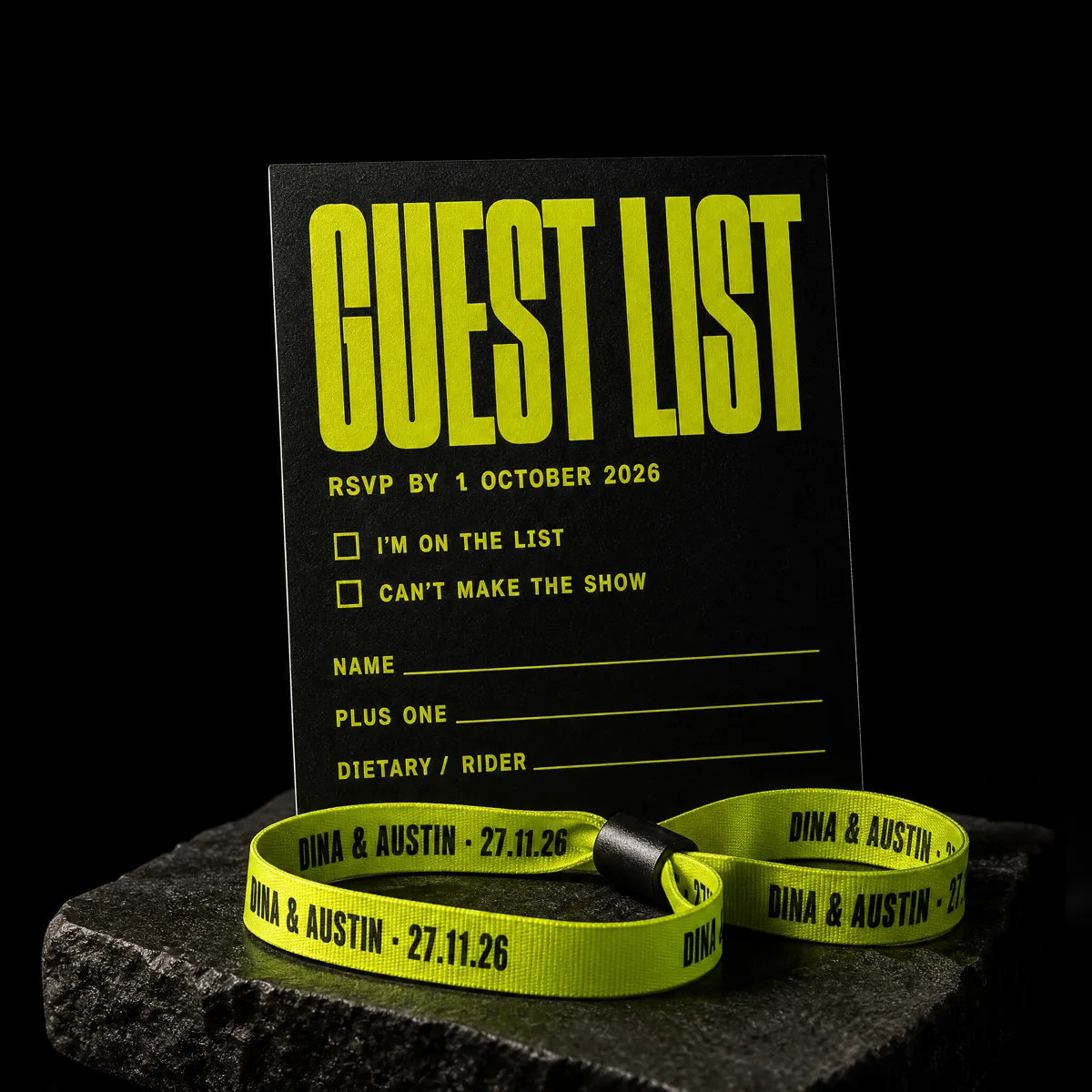 Wedding RSVP card as a GUEST LIST with a chartreuse festival wristband, matte black PVC, by Print Peppermint