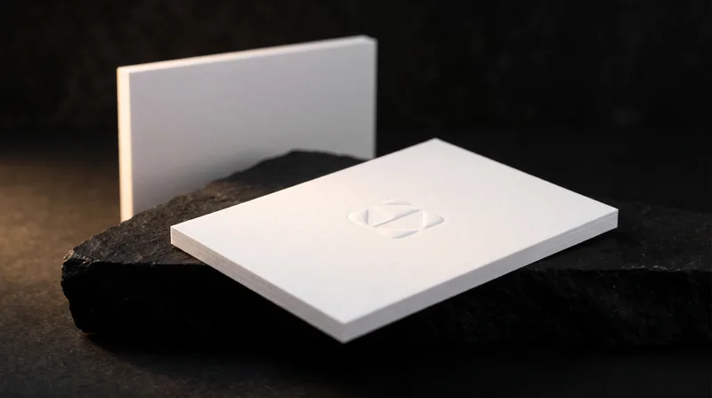 Minimalist business card in thick white cotton with a single blind-embossed mark, lit by raking light on black stone