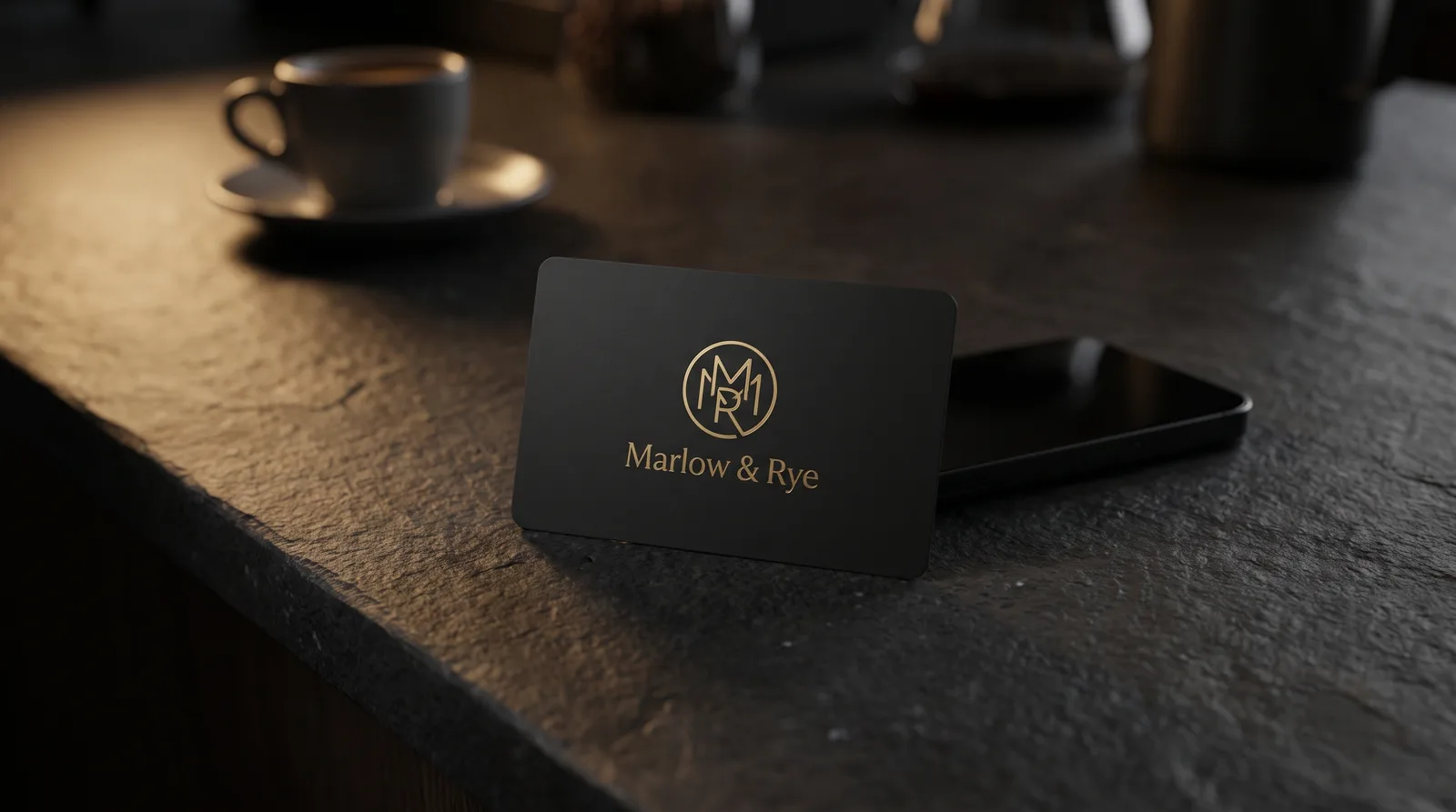 Matte black NFC review card with a gold foil logo and the words 'Tap to leave us a review', on a café counter beside a phone
