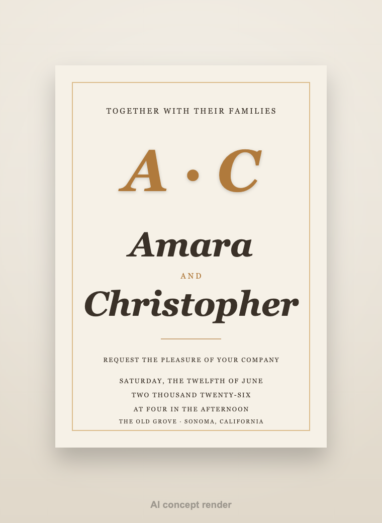 Amara & Christopher wedding invitation concept — Copper foil · cotton · painted edge