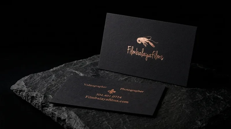 Videographer business card with a fine crawfish drawing and script name in rose gold foil on black