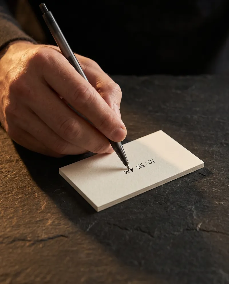 Hand writing appointment time in ballpoint on back of thick ivory cotton business card