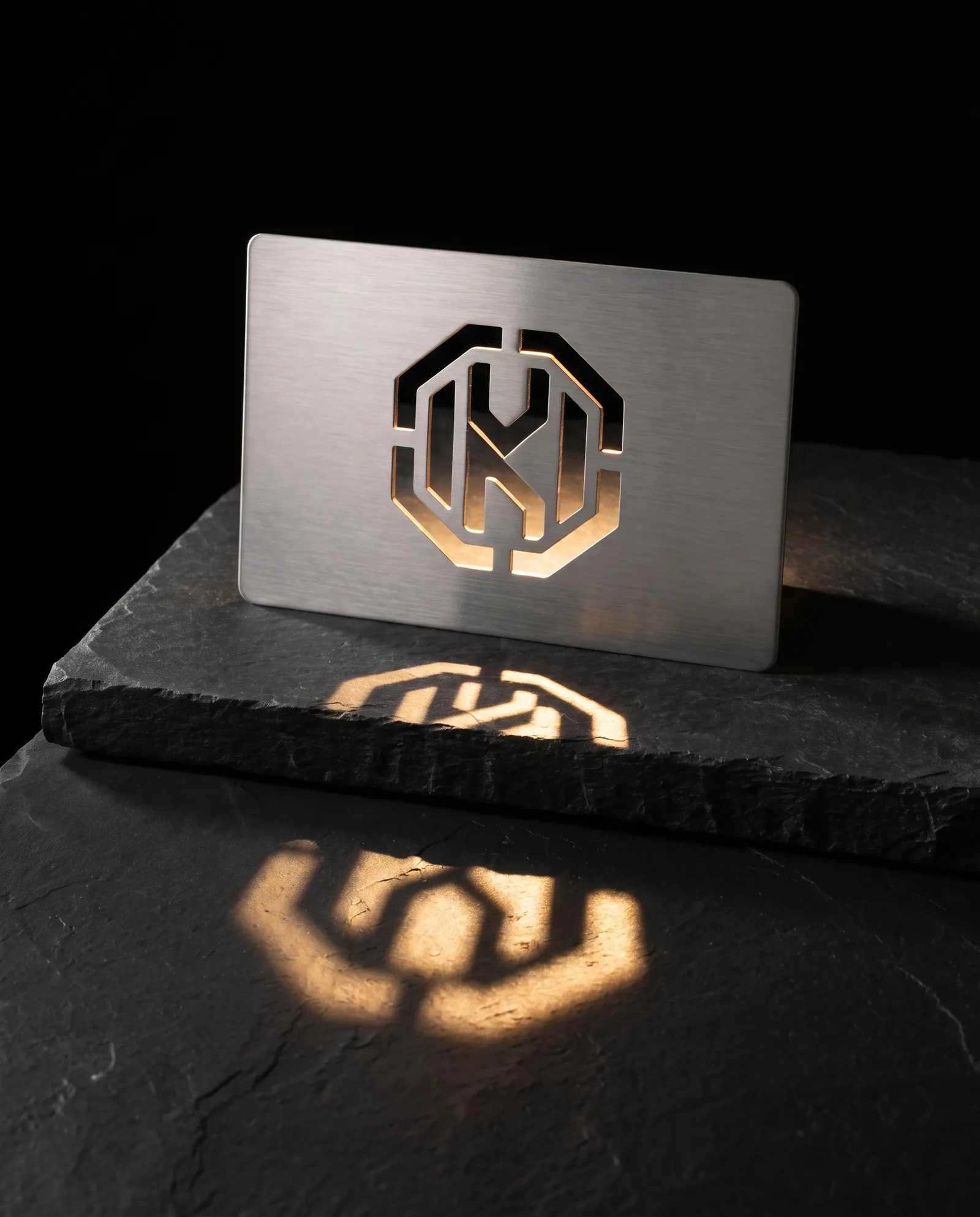 Brushed metal business card with a cut-through monogram casting a shadow on stone