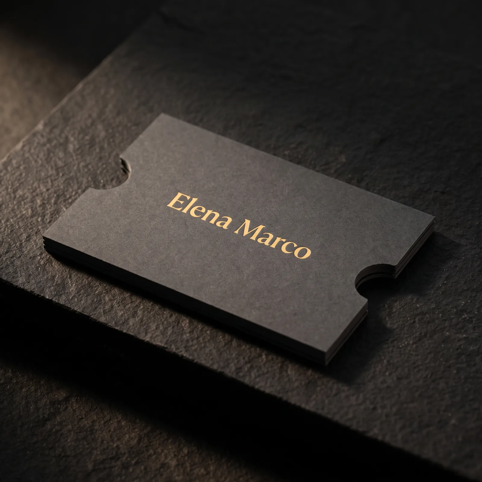 Notched charcoal soft-touch die cut business card with flat gold foil wordmark on stone