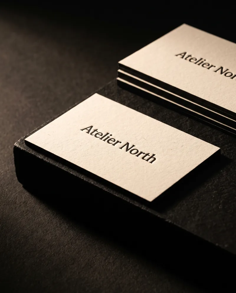 Natural white cotton business cards with black letterpress name and black painted edges, stacked