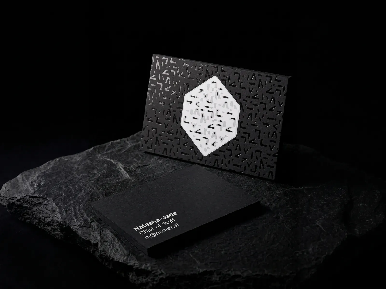 Numerai business card: Black and white pigment foil layered on 48pt black