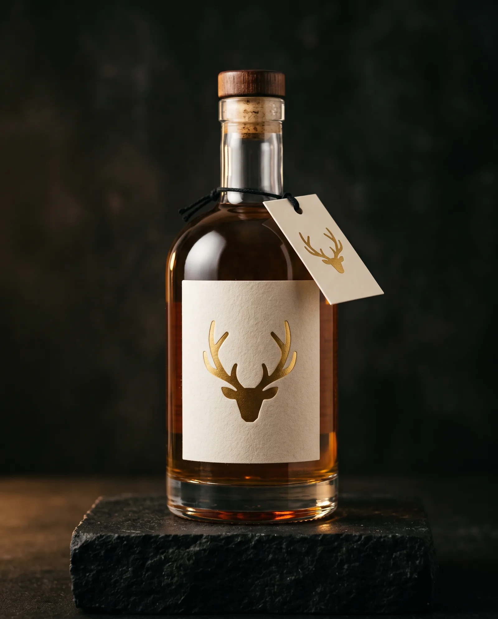 Spirits bottle with a felt-textured foil label and a matching foil-stamped hang tag tied at the neck.