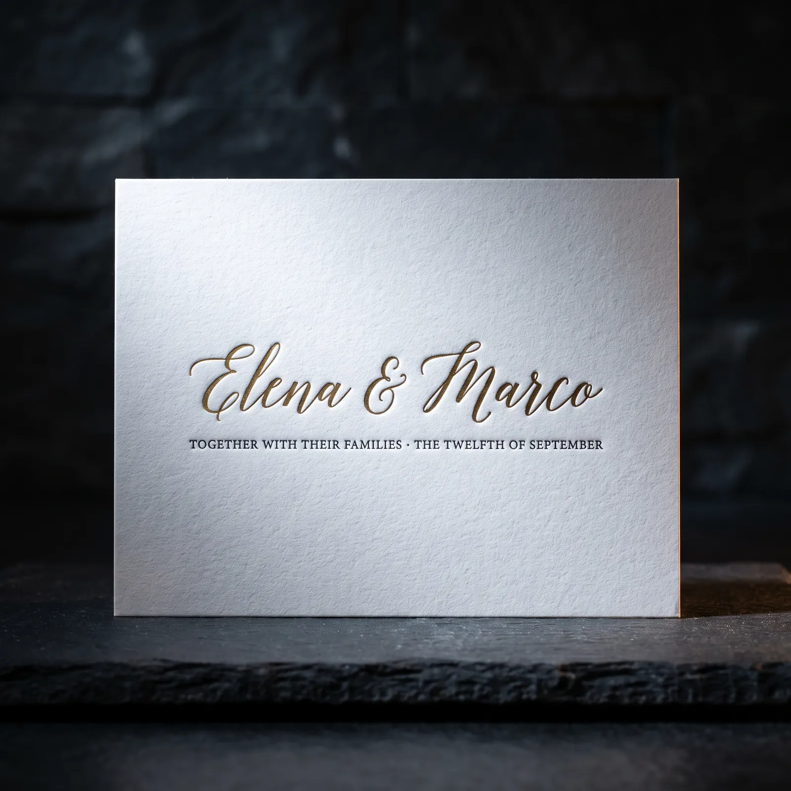 Gold foil script and letterpress wedding invitation on cotton, a Studio design exploration