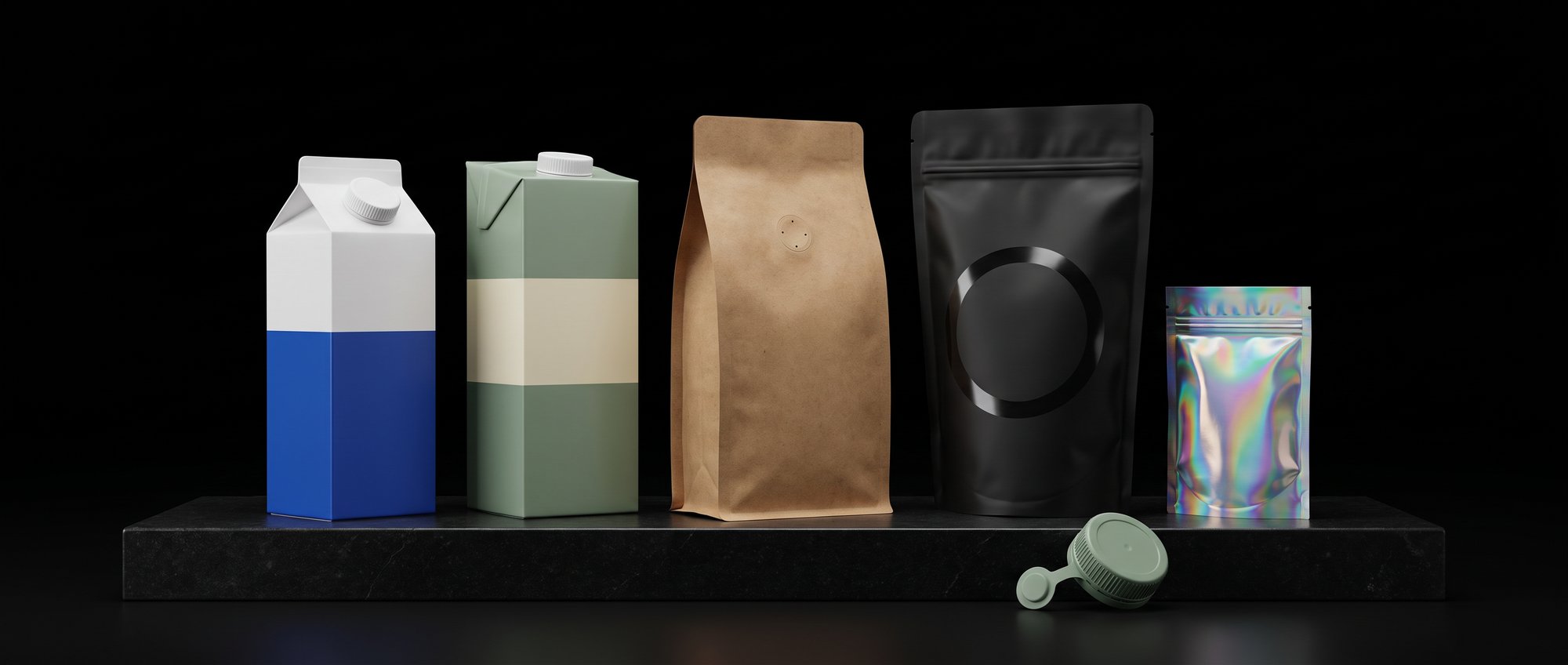 Drink cartons and coffee pouches lined up on black stone: gable-top, aseptic brick, kraft, matte black and iridescent.