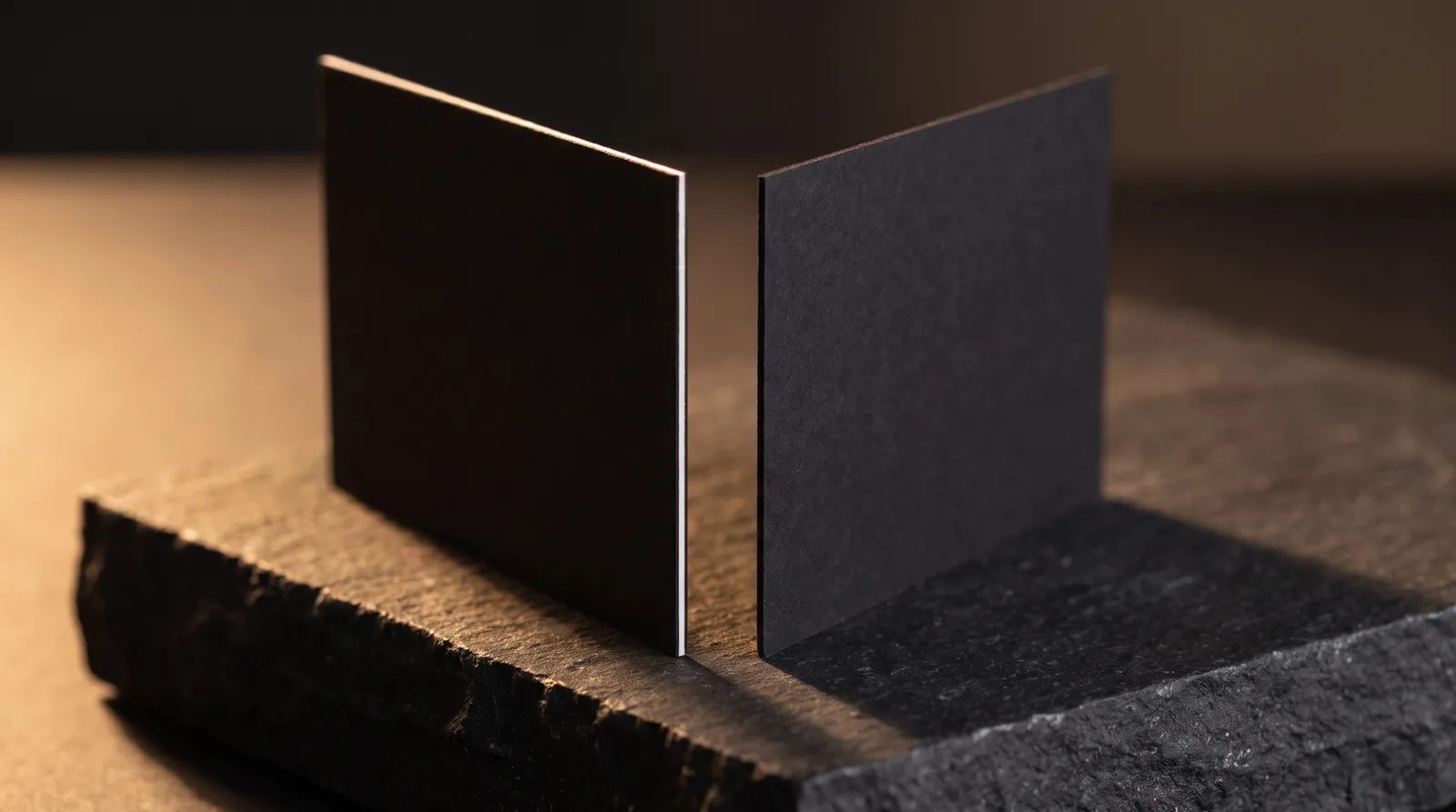 Left, a printed black business card edge showing a thin white core; right, a true black paper card with a solid black edge