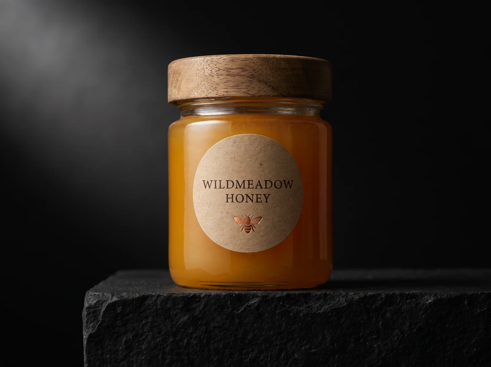 Honey jar with a round kraft label and a small copper foil bee
