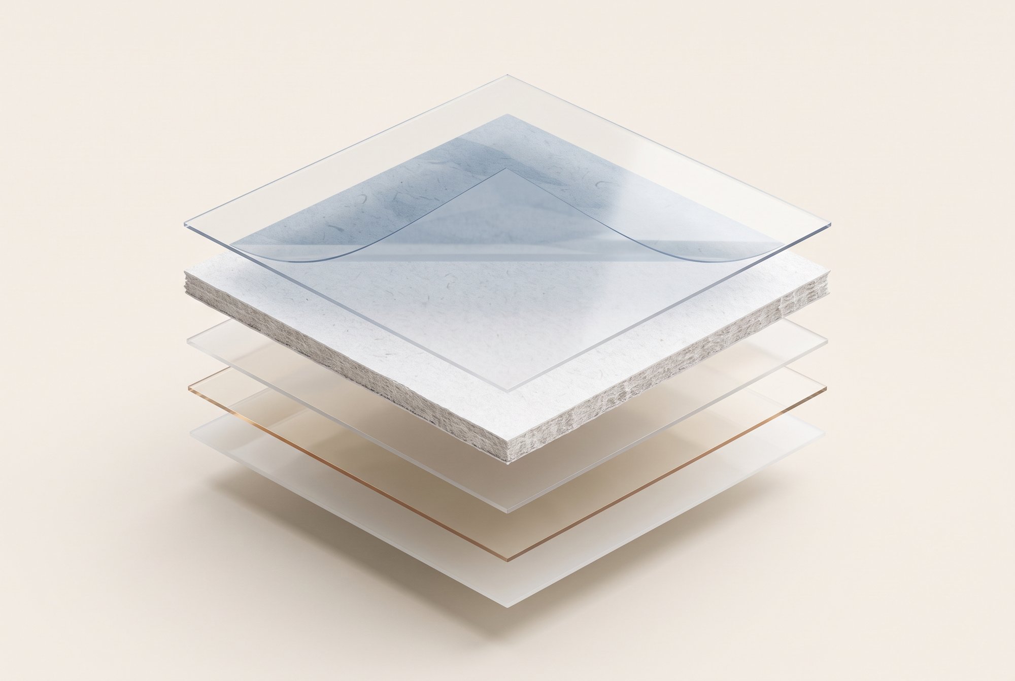 Exploded view of an aluminium-free carton laminate with a thin polymer barrier instead of foil.