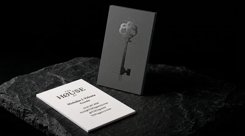 Charcoal portrait business card with an ornate key in gunmetal foil