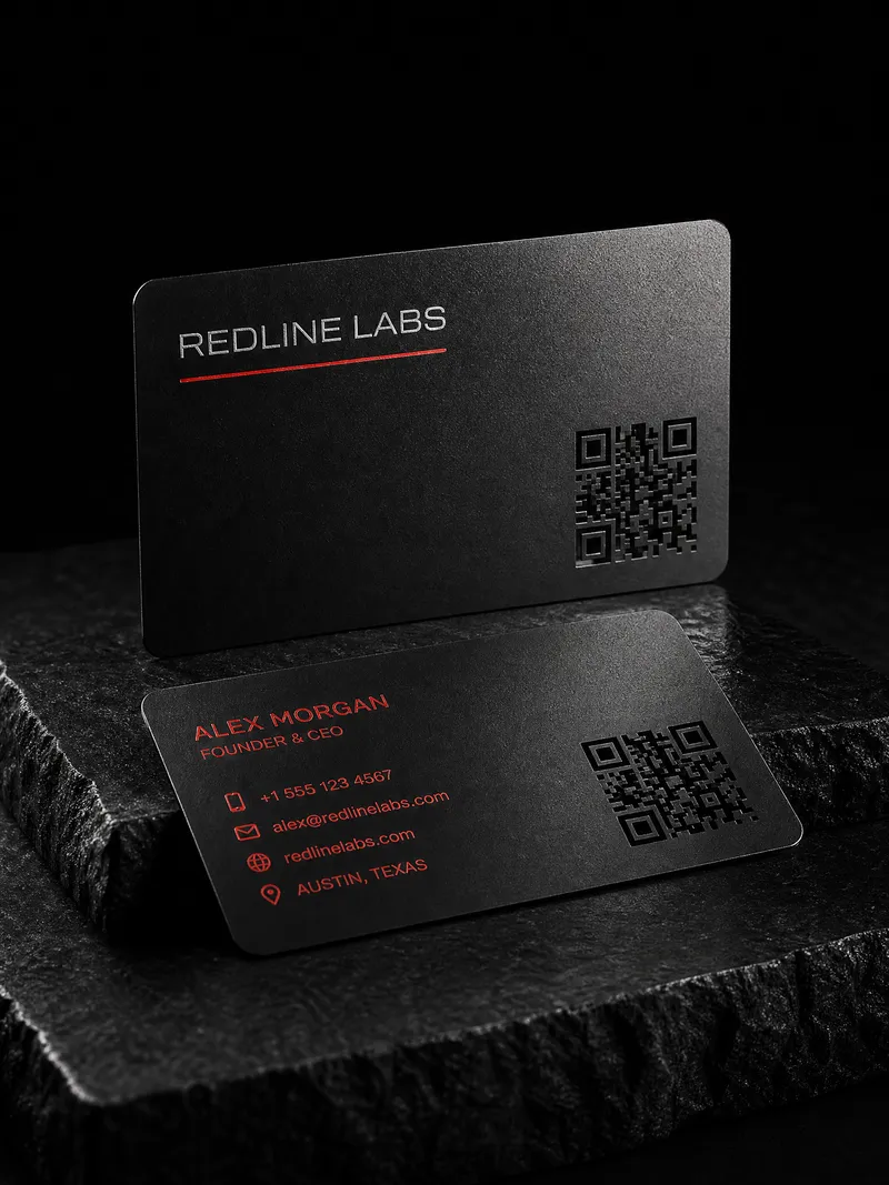 Metal business card design exploration: frosted black steel with a red enamel-filled cut
