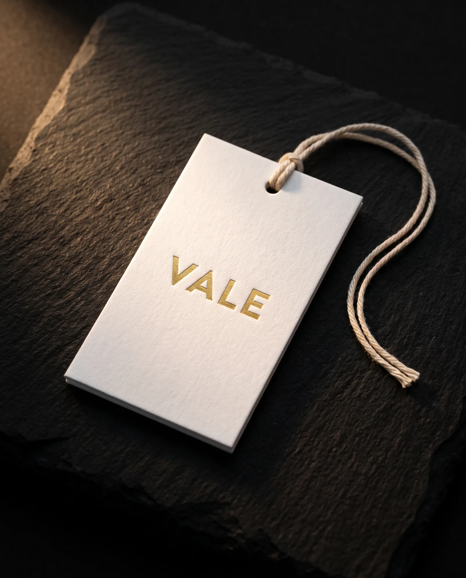 Pearl white cotton hang tag with a gold foil mark and natural cotton string, on dark stone.