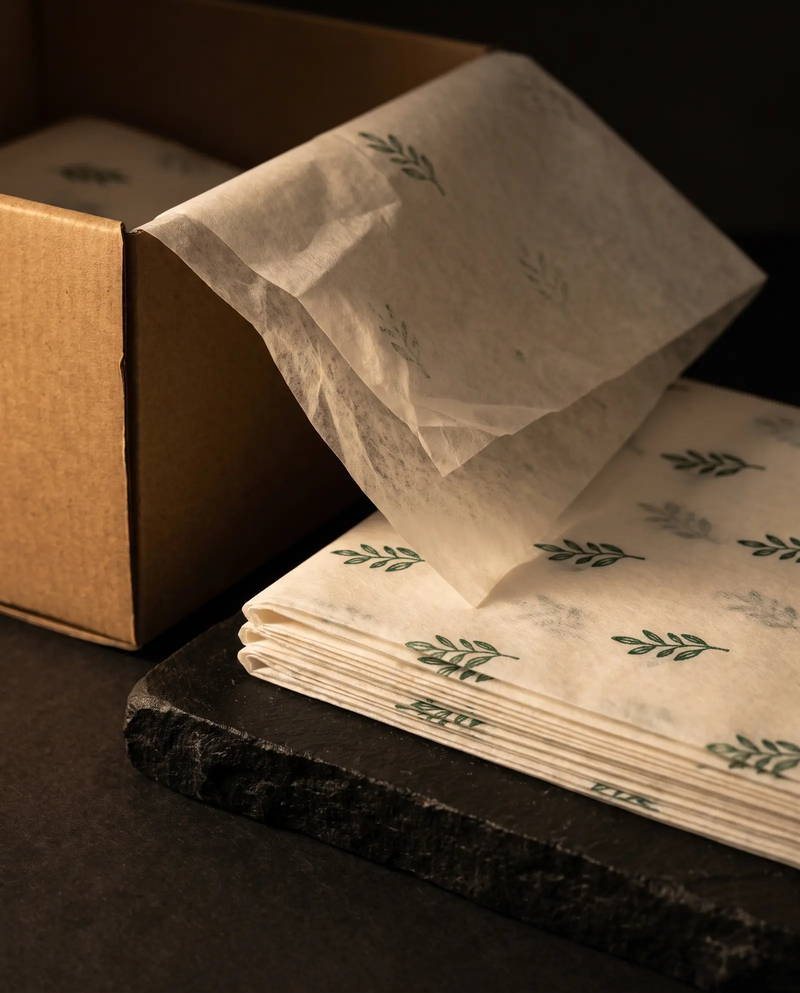 Folded sheets of thin tissue printed with a repeating green logo pattern, one sheet draped over the edge of an open kraft box.