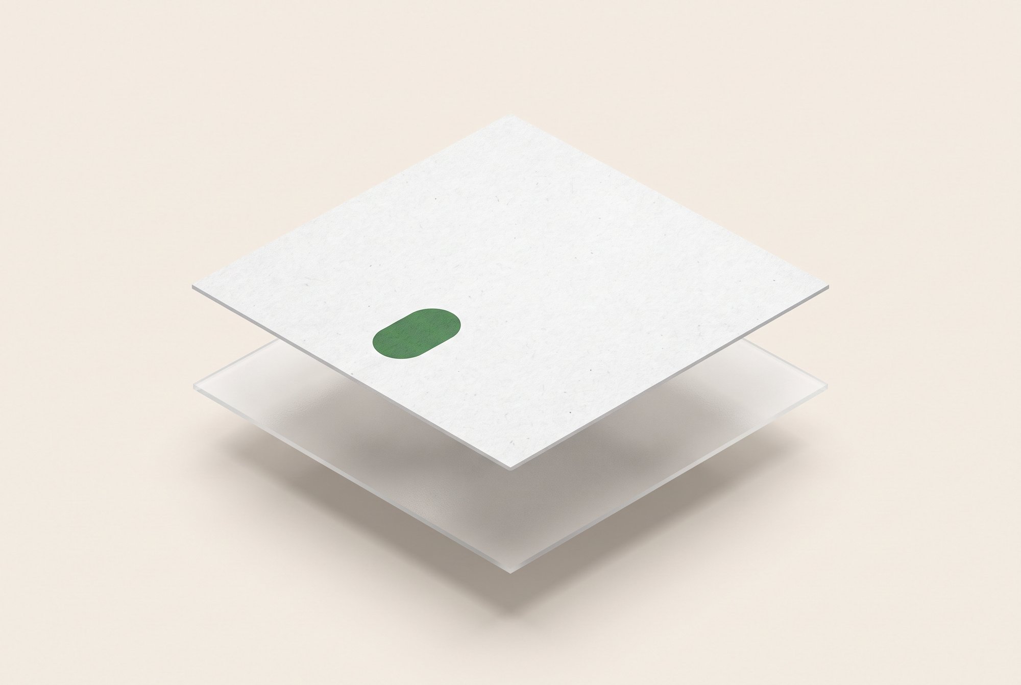 Exploded view of a compostable pouch: white kraft over a plant-based film liner.