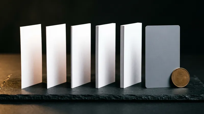 Five white business cards seen edge-on at 14, 16, 32, 48 and 64 point thickness, beside a credit card and a coin for scale