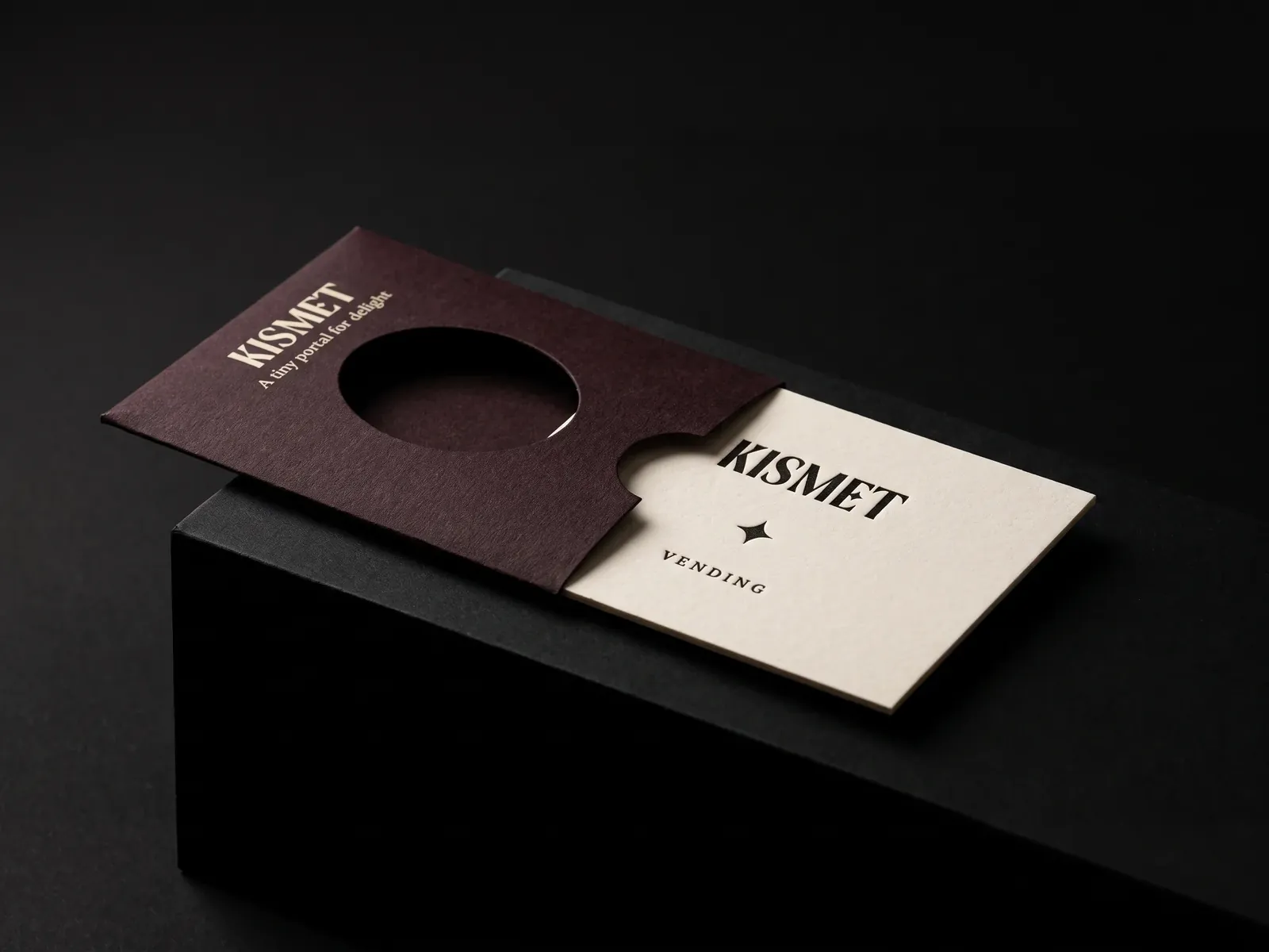Kismet Vending business card: Letterpress and a blind deboss on 100% cotton