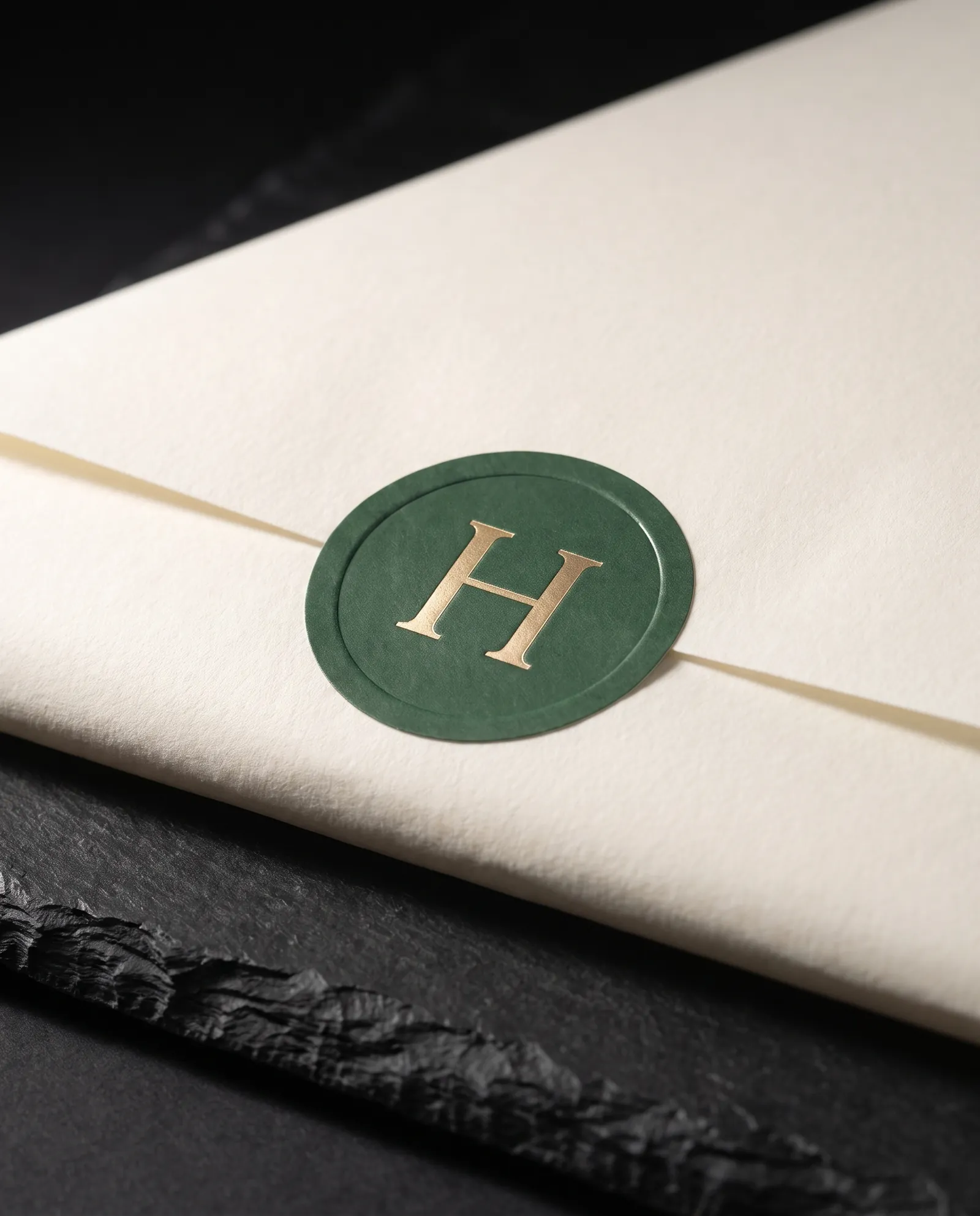 A round green foil seal with an embossed gold monogram closing an ivory envelope flap