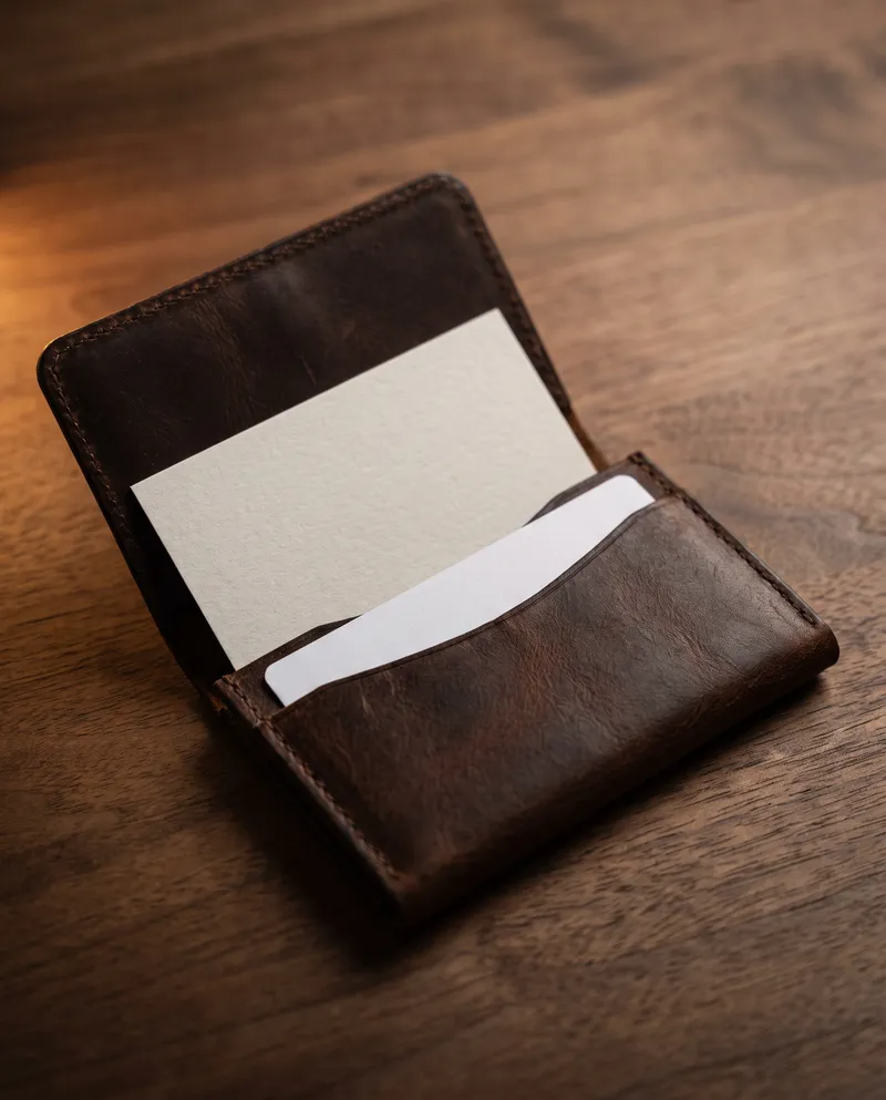 Skinny business card tucked into a leather cardholder, sitting half an inch lower than the standard card behind it