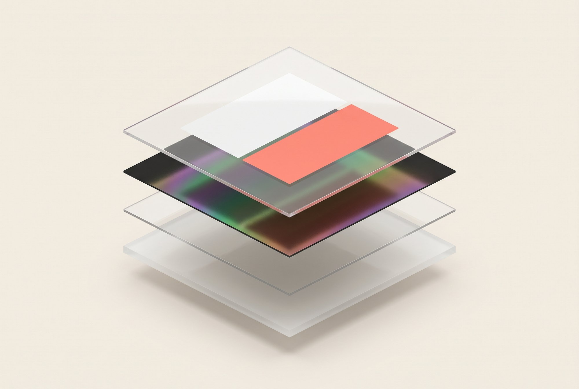 Exploded view of an iridescent pouch laminate: clear print film with white underprint, iridescent metallised film, PET and sealant.