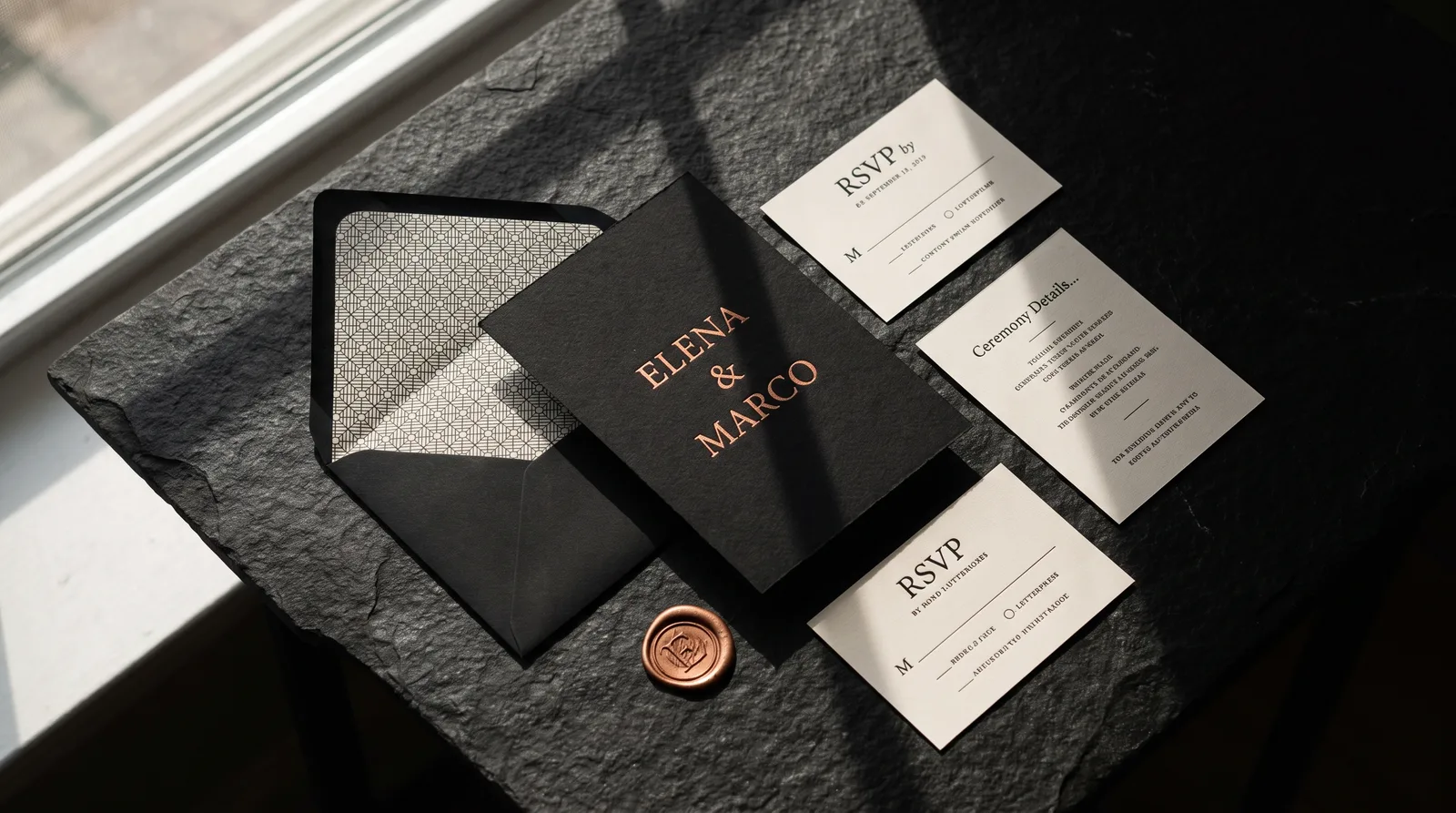 Wedding invitation suite on black stone: black cotton invitation with copper foil type, ecru reply and details cards, black envelope with a patterned liner and a copper wax seal.