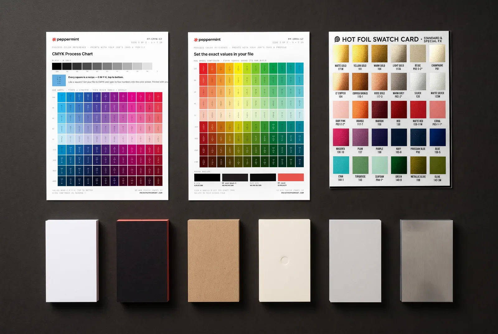 What's in the Studio Sample Kit: both sides of the 5 × 7 CMYK reference card, the hot foil swatch card, and a row of sample cards in cotton, black with a coral painted edge, kraft, ivory, grey and stainless steel.