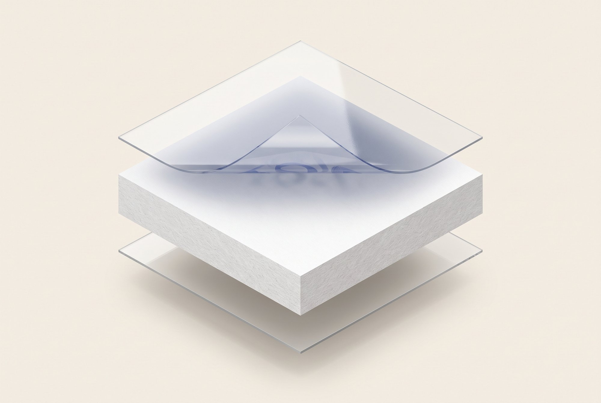 Exploded view of gable-top carton board: paperboard between two polyethylene films, no foil.