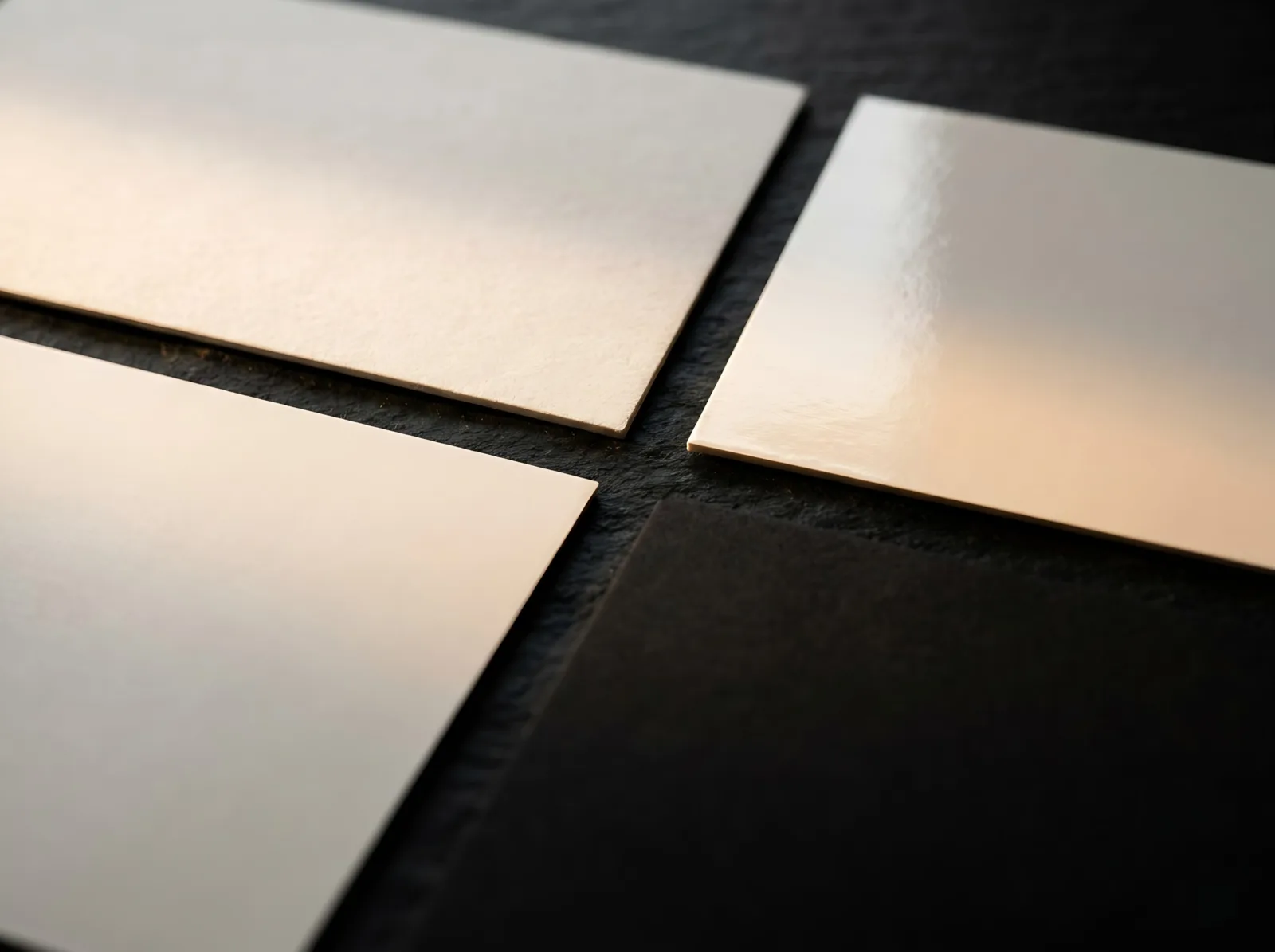 Macro of matte, glossy, silk and soft-touch business card corners comparing how each surface takes light